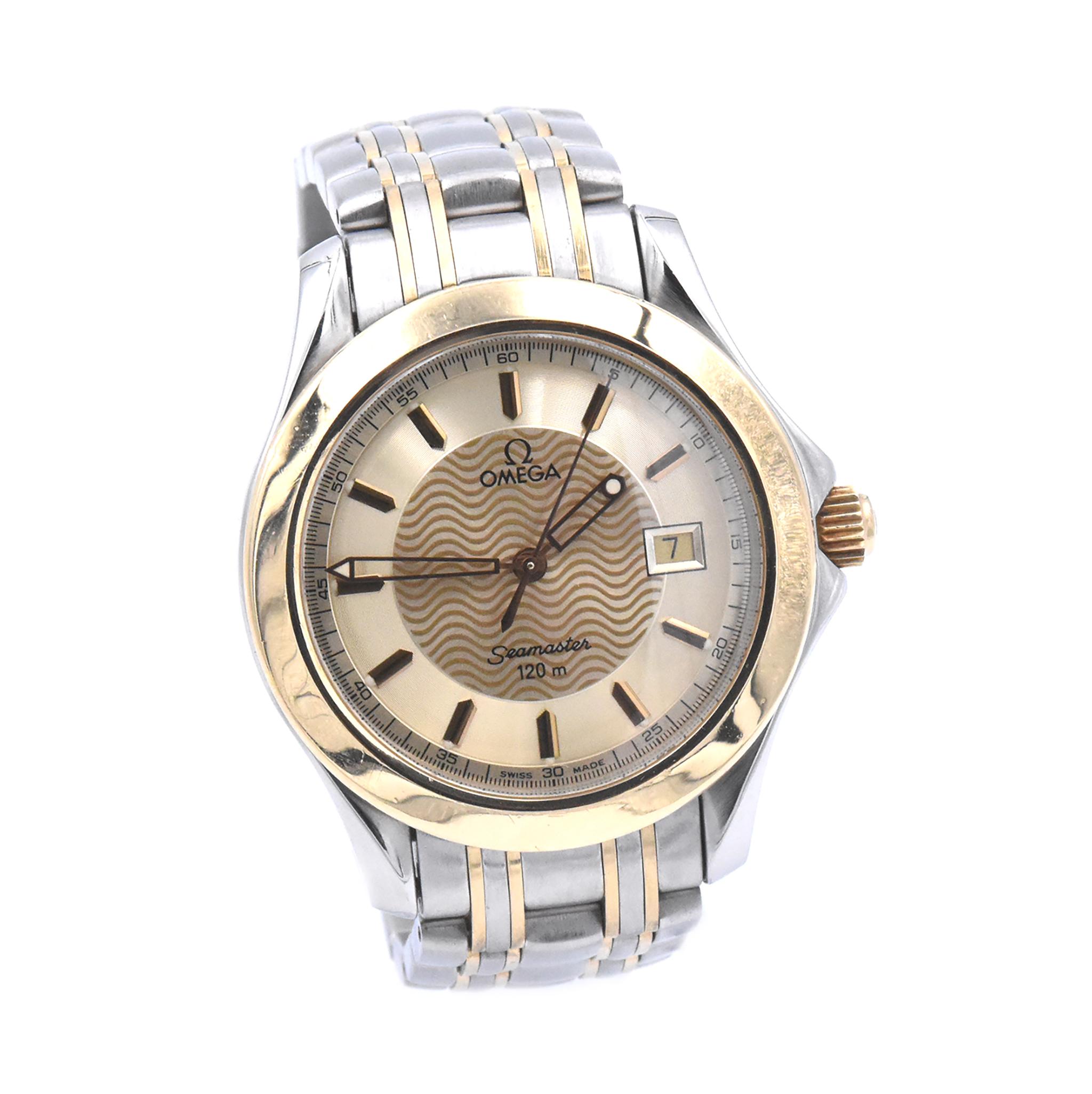 Brand: Omega
Movement: automatic 
Function: hours, minutes, seconds, date
Case: 37mm round two-tone case, water resistant to 120m, sapphire crystal, screw down crown
Band: Omega stainless steel and 18k yellow gold bracelet, deployment clasp
Dial: