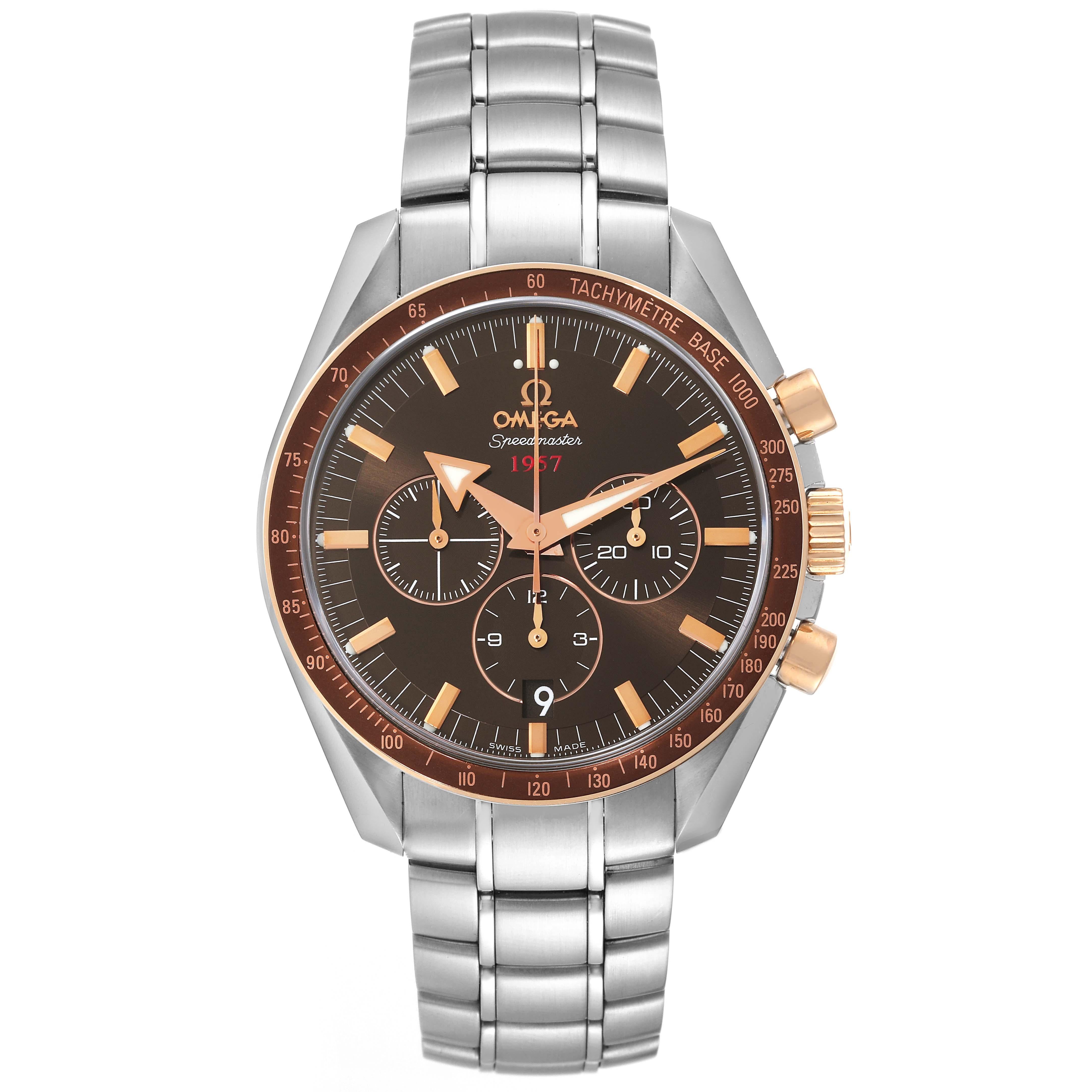 Omega Speedmaster 1957 Steel Rose Gold Mens Watch 321.90.42.50.13.002 Box Card. Automatic self-winding chronograph movement with column wheel mechanism and Co-Axial Escapement. Stainless steel round case 42.0 mm in diameter. Rose gold crown and