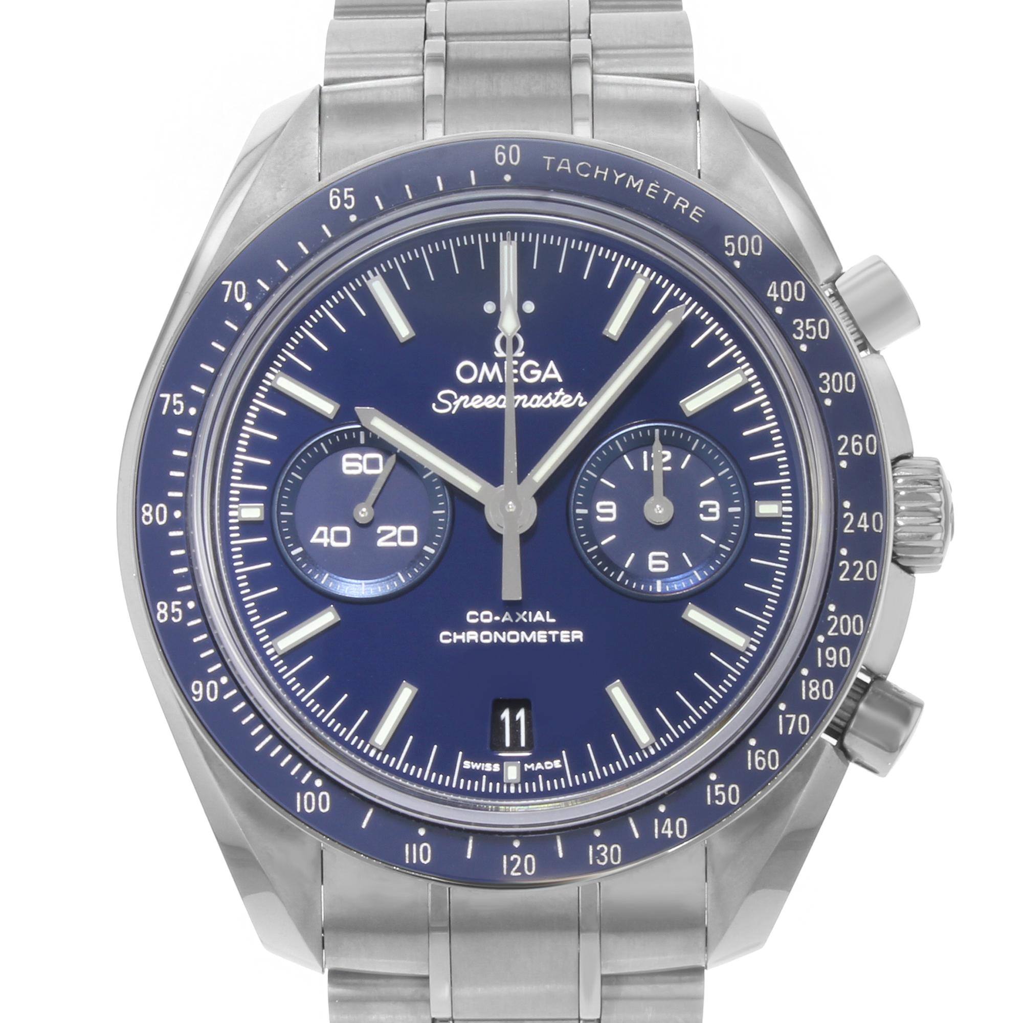 This brand new Omega  311.90.44.51.03.001 is a beautiful men's timepiece that is powered by mechanical (automatic) movement which is cased in a titanium case. It has a round shape face, chronograph, chronograph hand, date indicator, small seconds