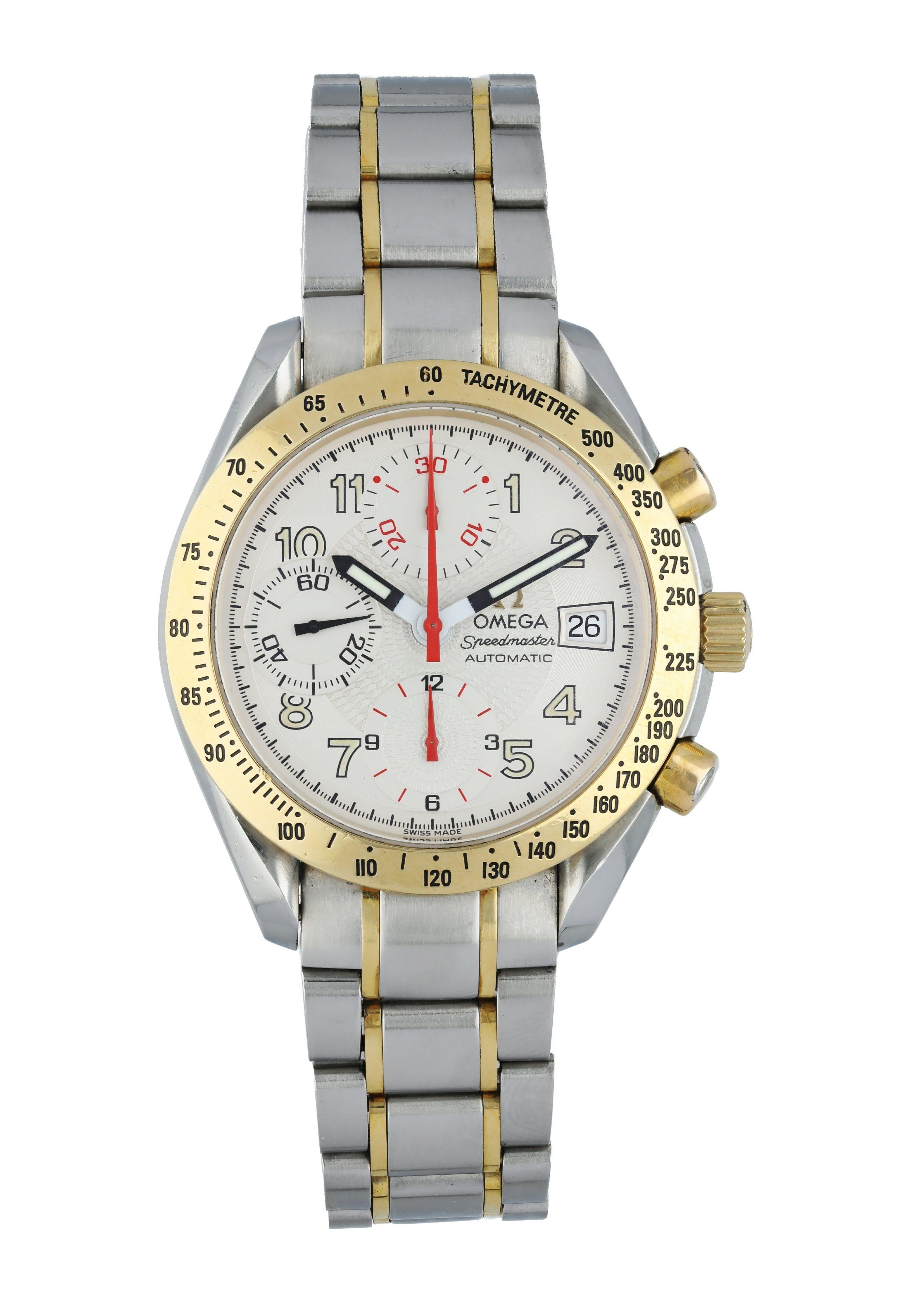 Omega Speedmaster 3313.33.00 Men Watch. 
39mm Stainless Steel case. 
Yellow Gold Tachymeter bezel. 
Gray dial with Luminous Steel hands and Arabic numeral hour markers. 
Minute markers on the outer dial. 
Date display at the 3 o'clock position.