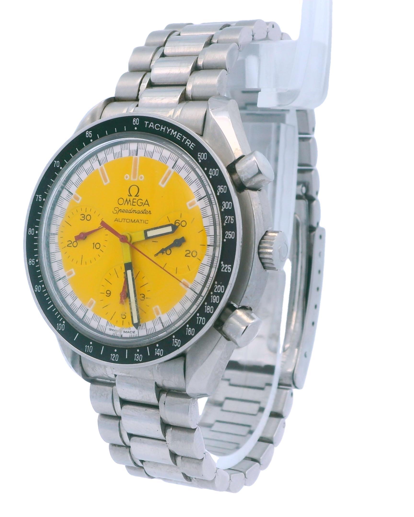 Omega Speedmaster Chronograph Michael Schumacher 3510.12 is a striking timepiece designed for those who appreciate both style and functionality. With a 39mm stainless steel case, this watch features a stationary black tachymeter scale bezel insert,