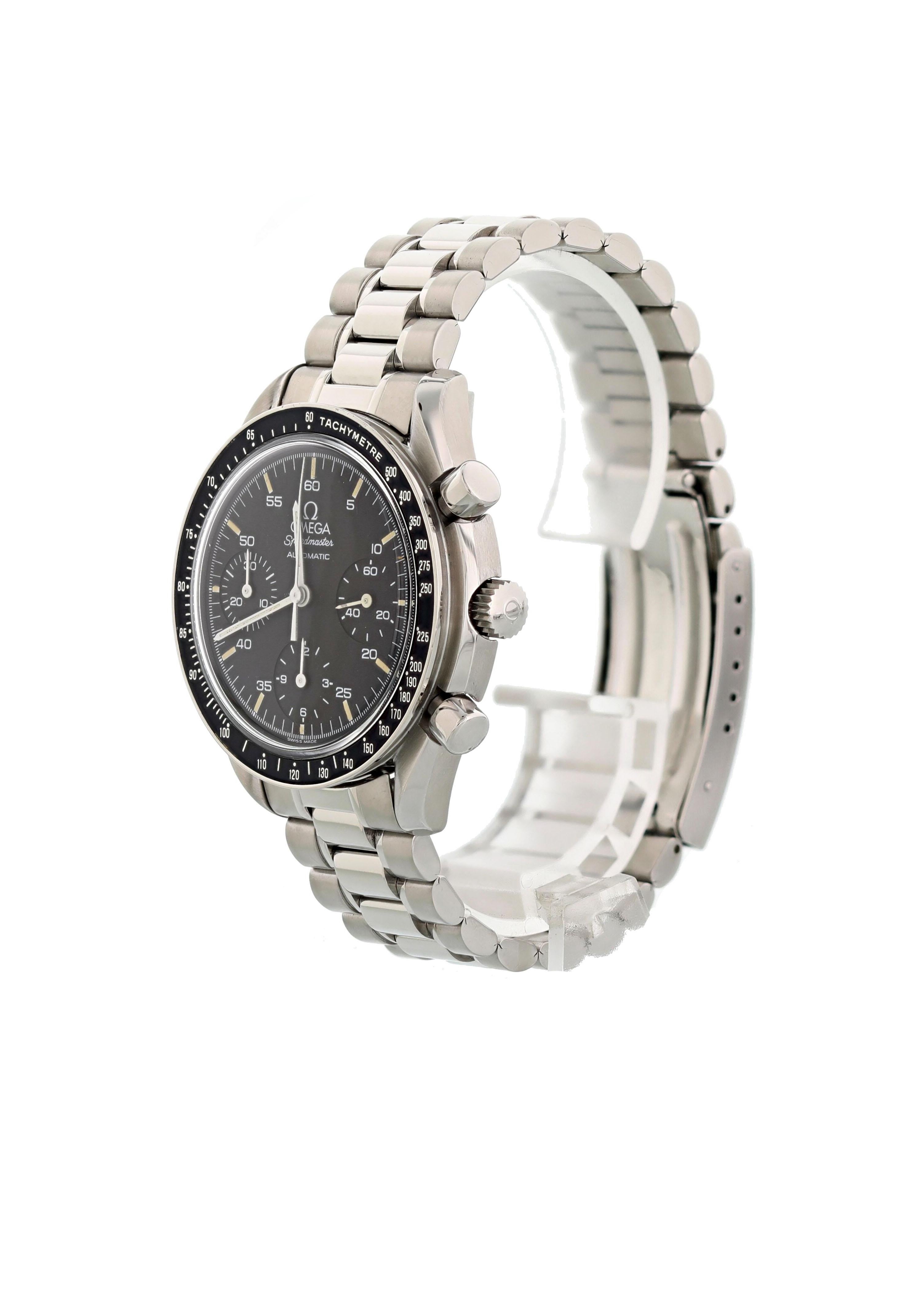 Omega Speedmaster Reduced 3510.50 Men Watch. 
39mm Stainless Steel case. 
Stainless Steel Tachymeter bezel. 
Black dial with Steel hands and index hour markers. 
Minute markers on the outer dial. 
Stainless Steel bracelet with Fold Over Clasp With