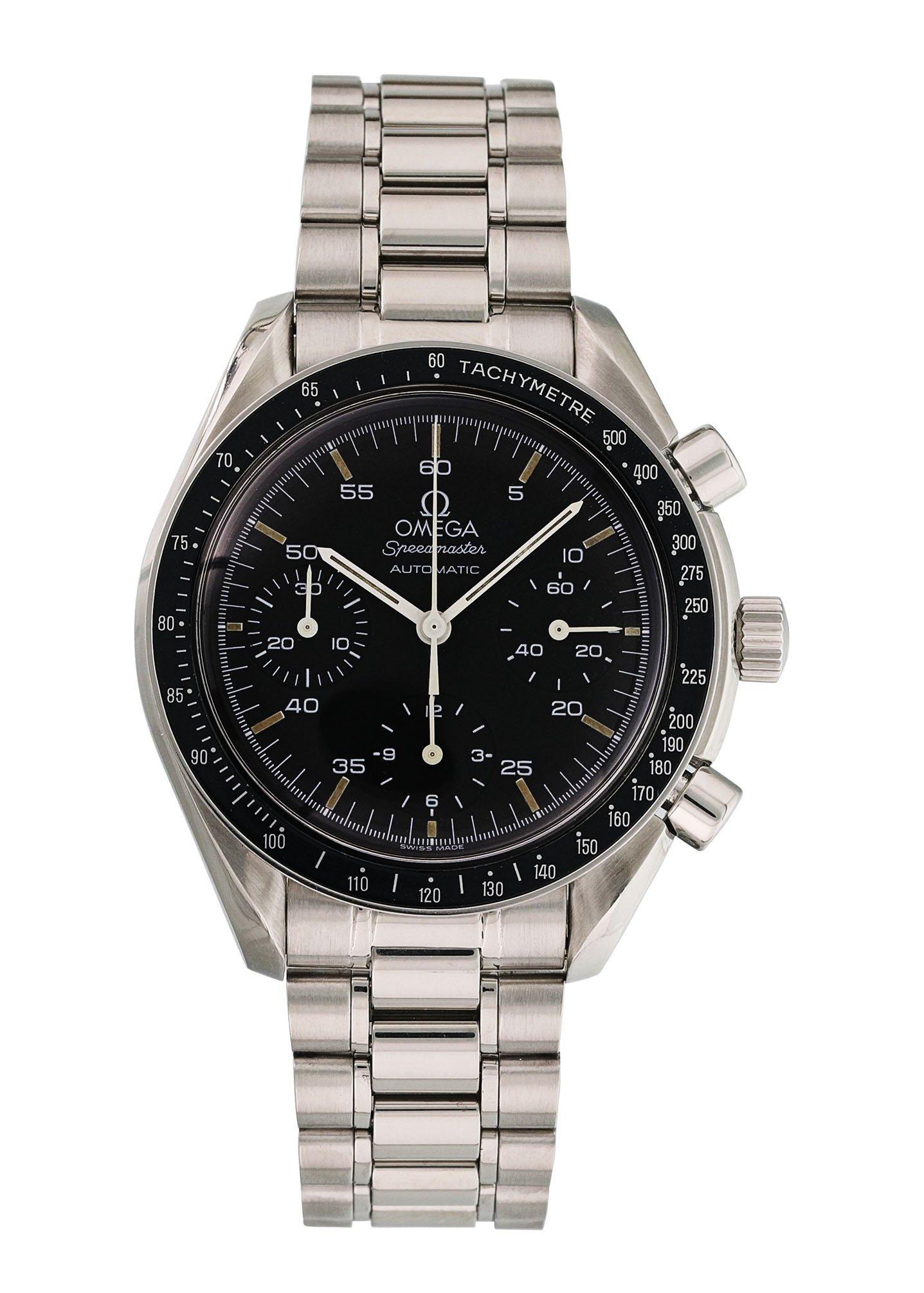 Omega Speedmaster Reduced 3510.50 Men's Watch. 
39mm Stainless Steel case. 
Stainless Steel Tachymeter bezel. 
Black dial with steel hands and index hour markers. 
Minute markers on the outer dial. 
Stainless Steel bracelet with Fold Over Clasp With