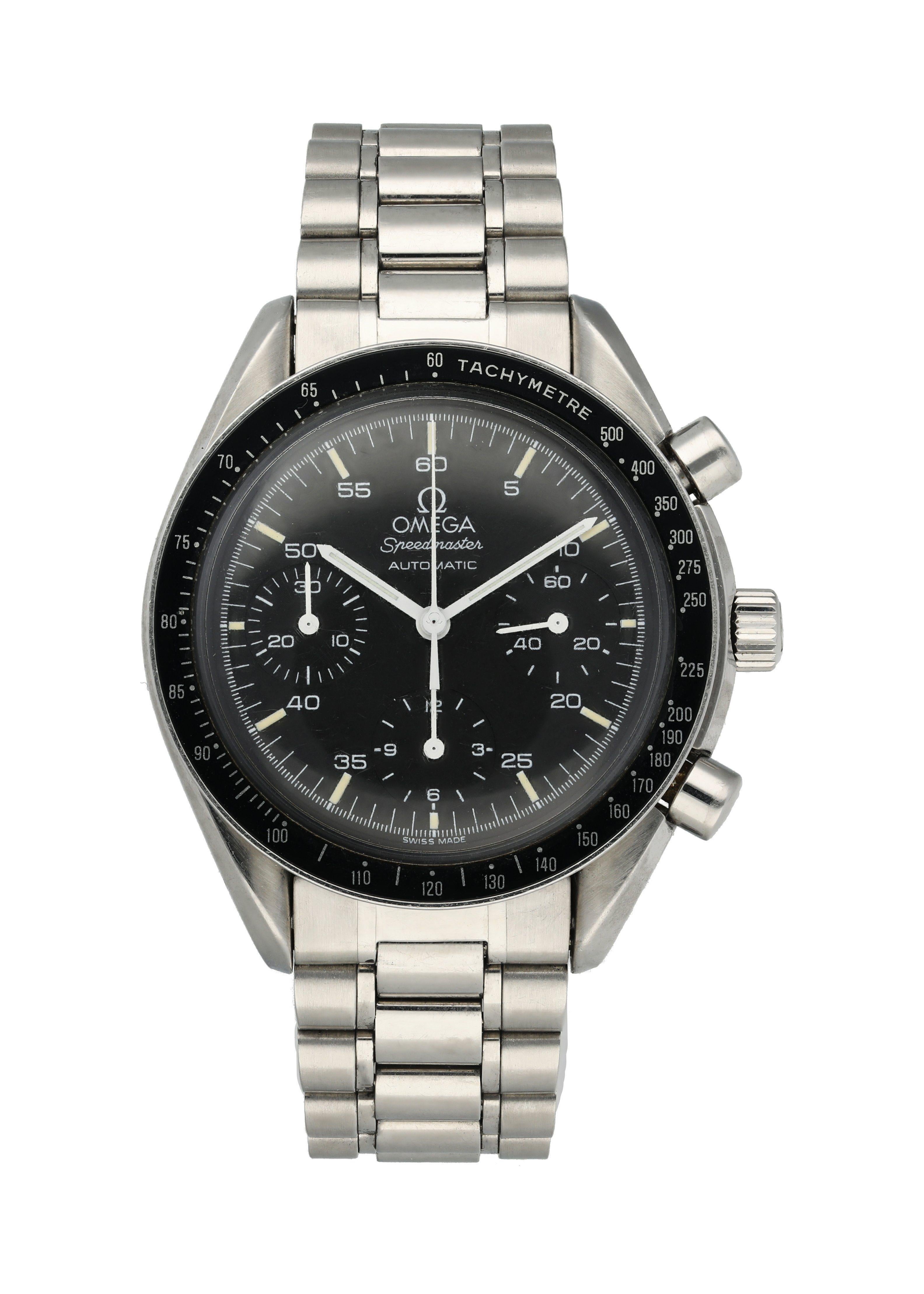 Omega Speedmaster 3510.50 Men's Watch.
39mm Stainless Steel case. 
Stainless Steel Tachymeter bezel. 
Black dial with Luminous Steel hands and index hour markers. 
Minute markers on the outer dial. 
Stainless Steel Bracelet with Fold Over Clasp.