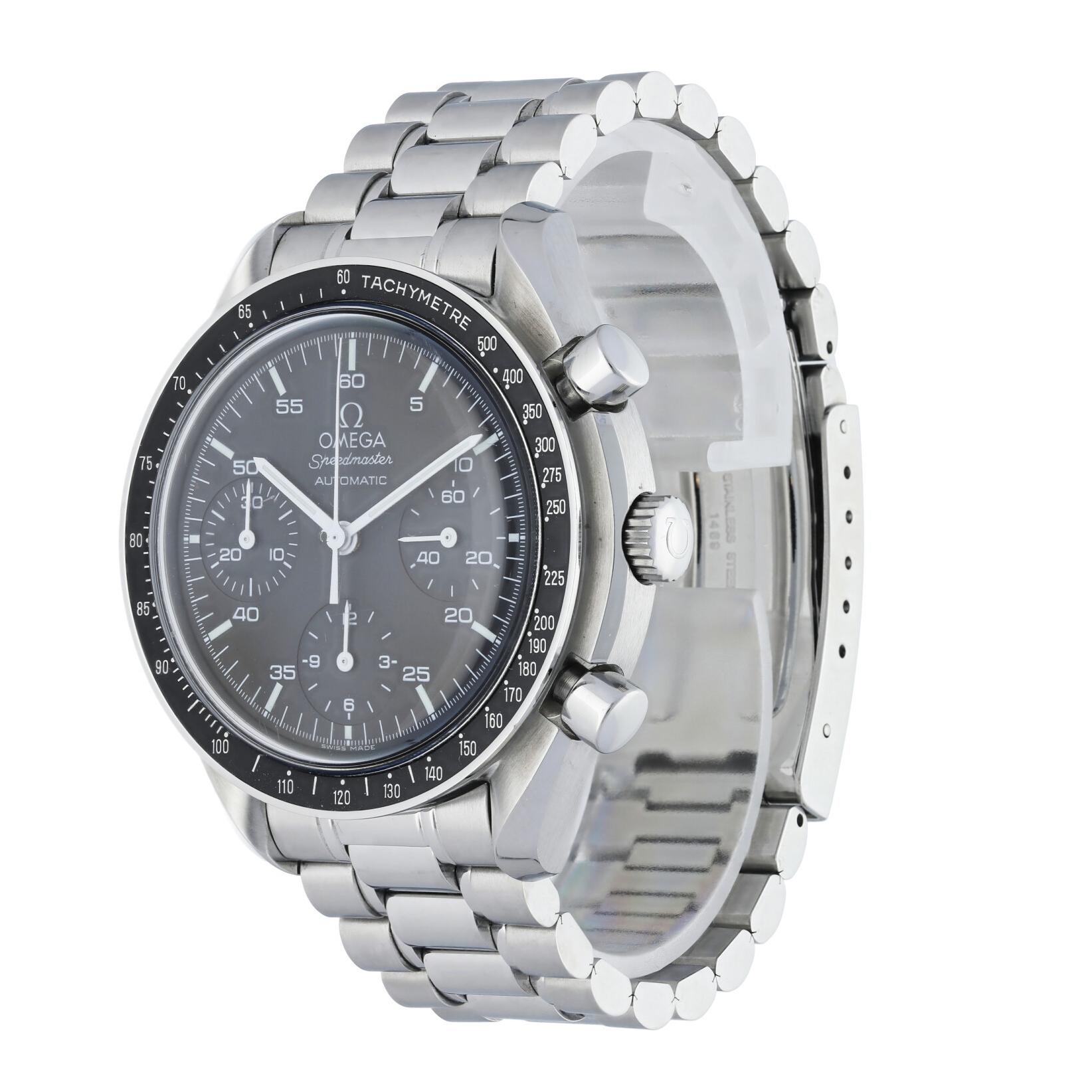Omega Speedmaster Reduced 3510.50 Men's Watch. 
39mm Stainless Steel case. 
Stainless Steel Tachymeter bezel. 
Black dial with steel hands and index hour markers. 
Minute markers on the outer dial. 
Stainless Steel bracelet with Fold Over Clasp With