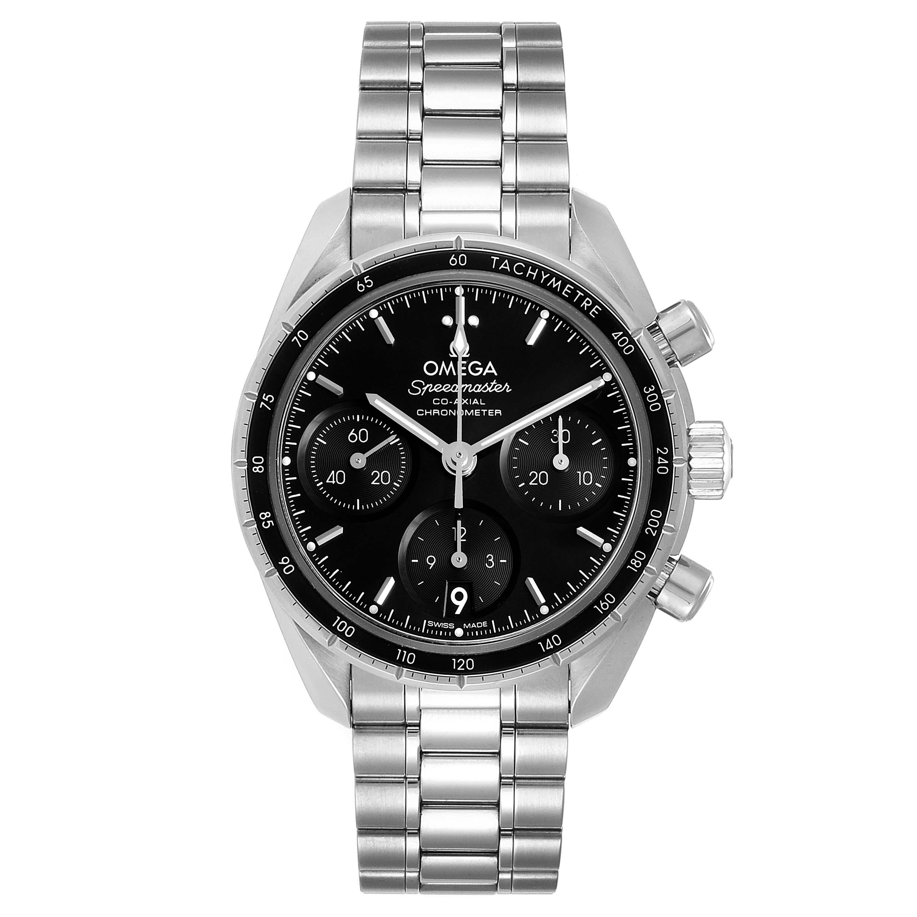 Omega Speedmaster 38 Co-Axial Chronograph Watch 324.30.38.50.01.001 Box Card. Authomatic self-winding C-Axial chronograph movement. Calibre 3330. Stainless steel round case 38.0 mm in diameter. Seahorse medallion on the caseback. Stainless steel