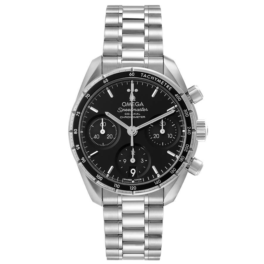 Omega Speedmaster 38 Co-Axial Chronograph Watch 324.30.38.50.01.001 Box Card. Automatic self-winding Co-Axial chronograph movement. Caliber 3330. Stainless steel round case 38.0 mm in diameter. Seahorse medallion on the caseback. Stainless steel