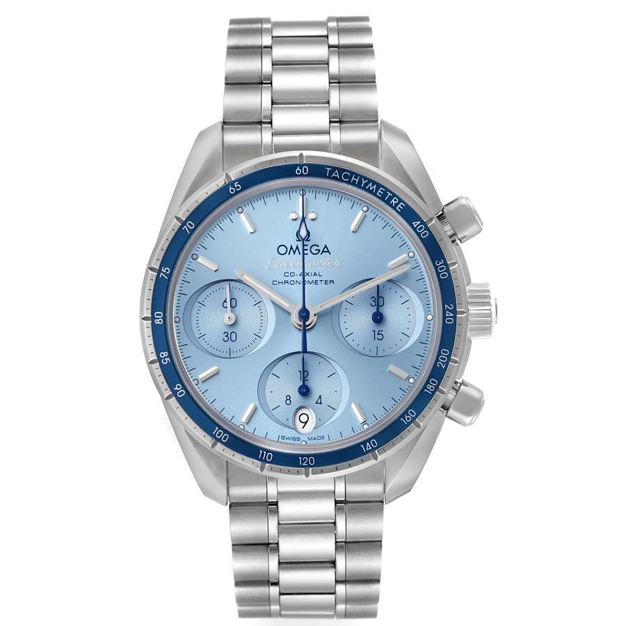 Omega Speedmaster 38 Co-Axial Chronograph Watch 324.30.38.50.03.001 Box Card. Automatic self-winding chronograph movement with column-wheel mechanism and Co-Axial escapement. Free sprung-balance equipped with Si14 silicon balance spring. Officially