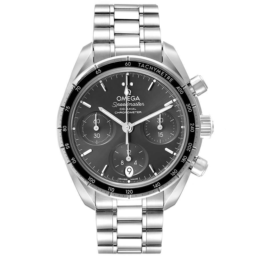 Omega Speedmaster 38 Co-Axial Chronograph Watch 324.30.38.50.06.001 Box Card. Mouvement chronographe automatique A.I.C. C-Axial. Calibre 3330. Boîtier rond en acier inoxydable de 38.0 mm de diamètre. Médaillon en forme d'hippocampe sur le fond du