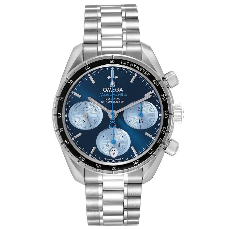 Omega Speedmaster 38 Orbis Blue Dial Mens Watch 324.30.38.50.03.002 Box Card. Automatic self-winding chronograph movement. Column-wheel mechanismand Co-Axial escapement. Free sprung-balance equipped with Si14 silicon balance spring. Caliber 3330.
