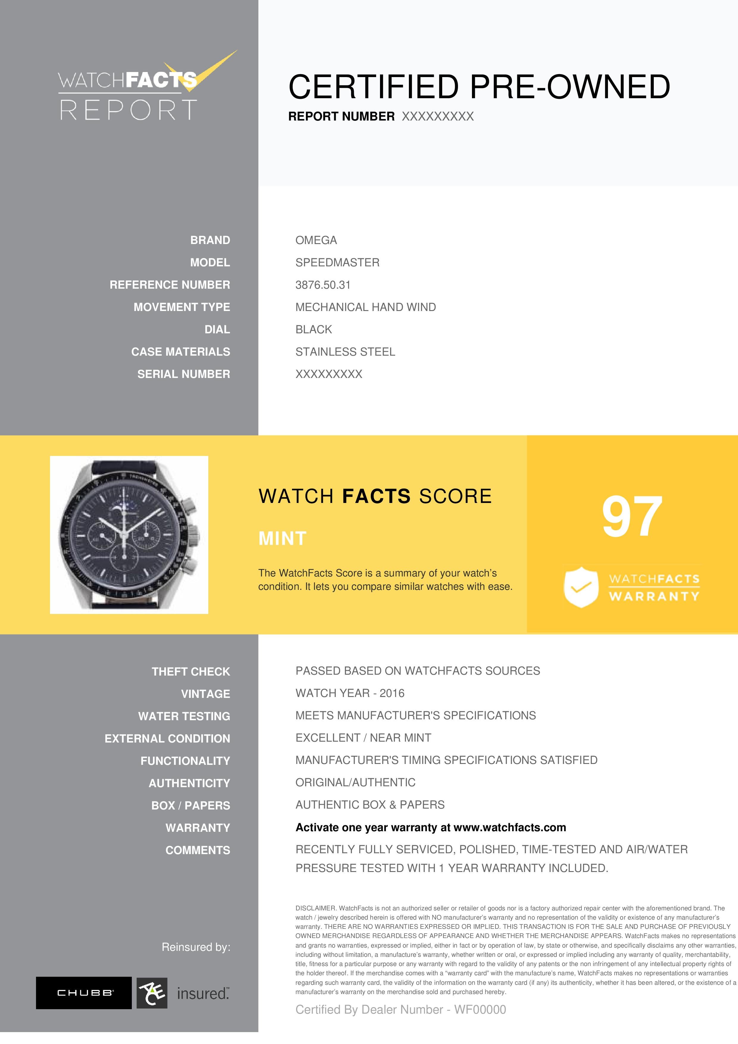 Omega Speedmaster  Referenznummer: 3876.50.31. Mechanische Herrenuhr mit Handaufzug Edelstahl Schwarz 42 MM. Geprüft und zertifiziert von WatchFacts. 1 Jahr Garantie durch WatchFacts angeboten.
