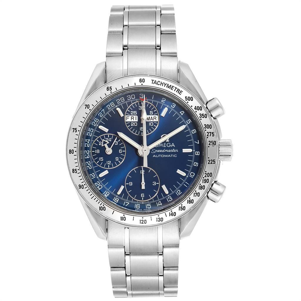 Omega Speedmaster 39mm Day-Date Blue Dial Mens Watch 3523.80.00. Automatic self-winding chronograph movement. Day, date and month indications. Stainless steel round case 39.0 mm in diameter. Stainless steel bezel with tachymetric scale.