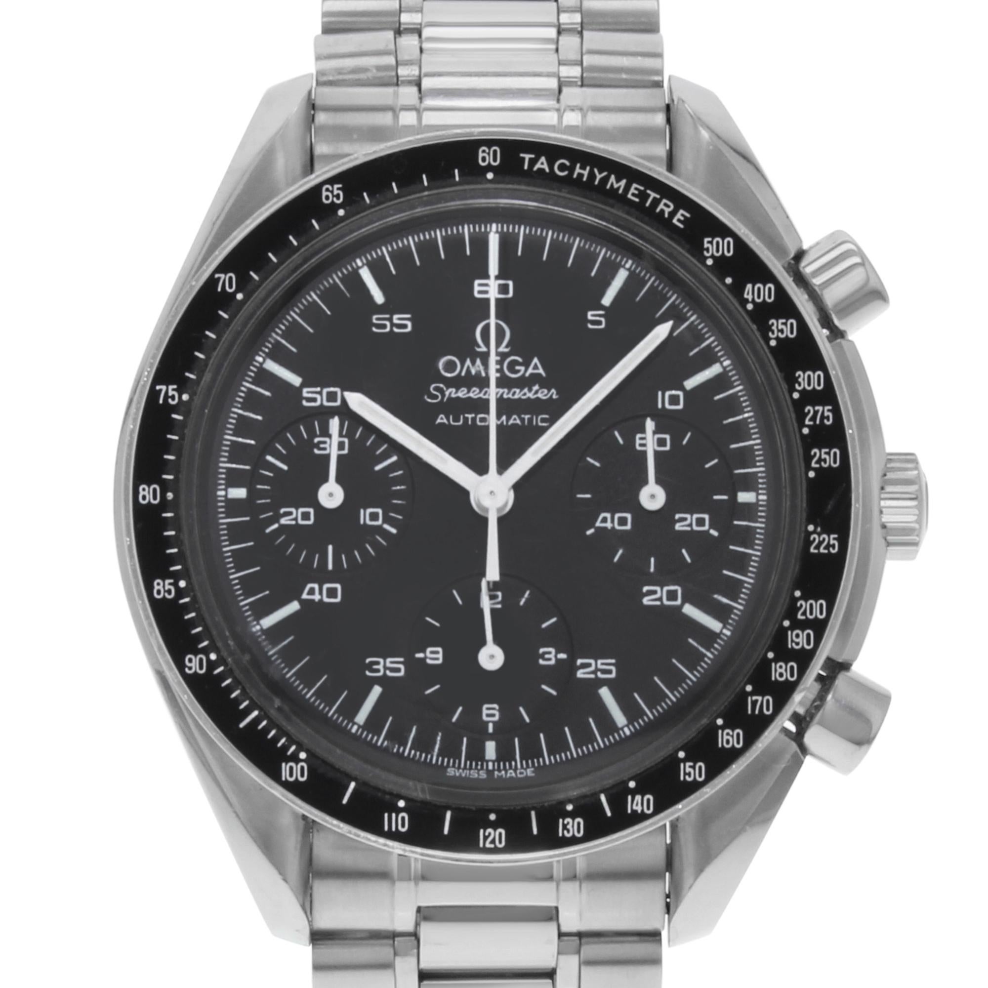 Pre Owned Omega Speedmaster 39mm Reduced Steel Black Dial Automatic Men's Watch 3510.50.00. This Beautiful Timepiece Features: Stainless Steel Case & Bracelet Fixed Stainless Steel Bezel with Black Tachymeter Scale Top Ring, Black Dial with Luminous
