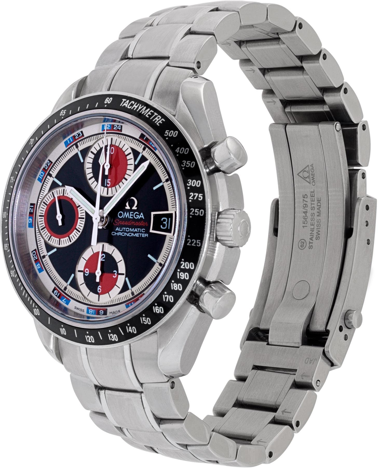 Omega Speedmaster in stainless steel with a black stainless steel bezel and a red, black, and blue casino dial. Auto w/ subseconds, date and chronograph. 40mm case size. Ref 3210.52. Fine Pre-owned Omega Watch.

 Certified preowned Sport Omega