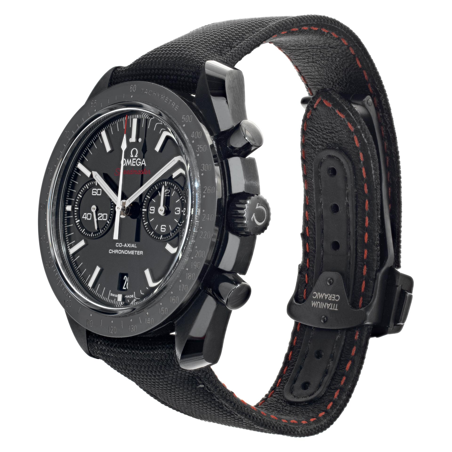 Like New 2023 Omega Speedmaster in black ceramic on original black fabric strap and ceramic deployant buckle. Auto w/ subseconds, date and chronograph. 44 mm case size. With box and papers dated 2023. Ref 31192445101007. Fine Pre-owned Omega