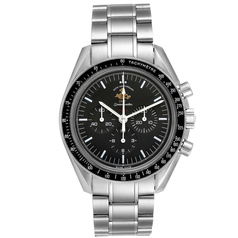 Omega Speedmaster 50th Anniversary MoonWatch 311.30.42.30.01.001 Box Papers. Manual winding chronograph movement. Stainless steel round case 42.0 mm in diameter. Stainless steel bezel with tachymetre function. Domed anti-reflective,