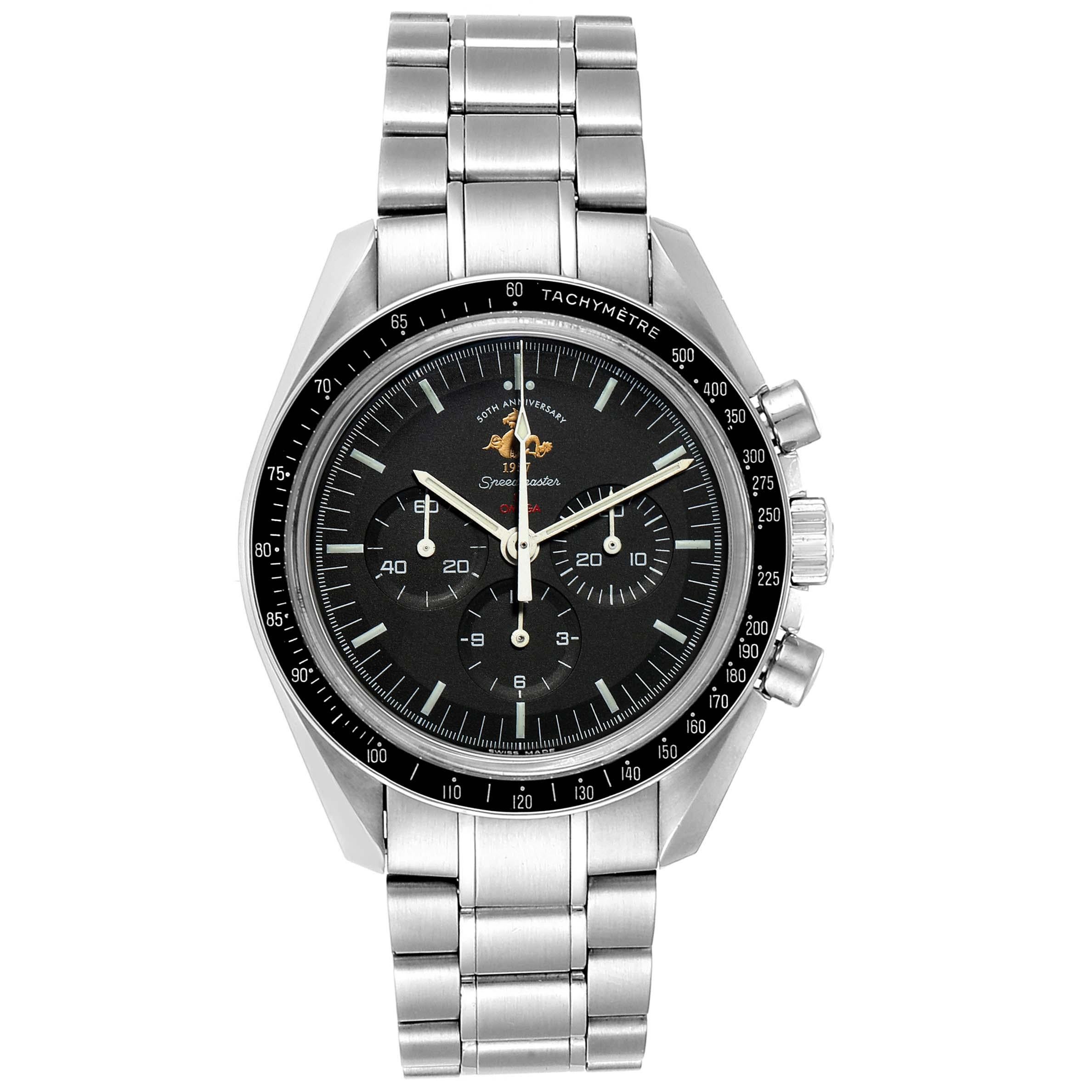 Omega Speedmaster 50th Anniversary MoonWatch 311.30.42.30.01.001. Manual winding chronograph movement. Stainless steel round case 42.0 mm in diameter. Stainless steel bezel with tachymetre function. Domed anti-reflective, scratch-resistant sapphire