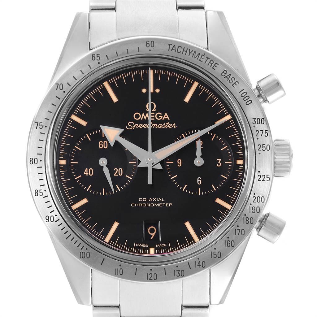 Omega Speedmaster 57 Broad Arrow Watch 331.10.42.51.01.002 Box Card. Officially certified chronometer automatic self-winding chronograph movement. Column wheel mechanism and Co-Axial escapement. Silicon balance-spring on free sprung-balance, 2
