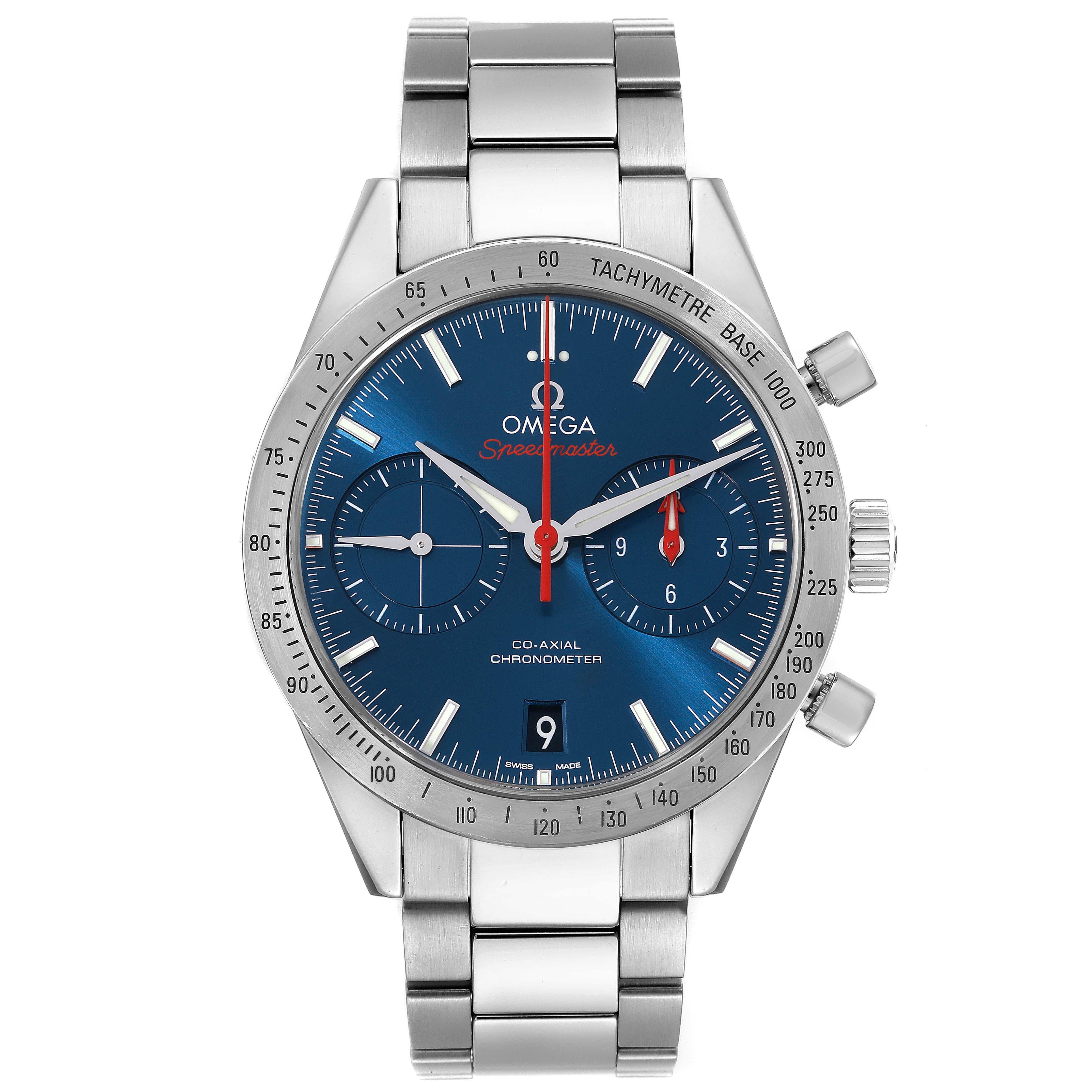 Omega Speedmaster 57 Co-Axial Chronograph Steel Mens Watch 331.10.42.51.03.001. Automatic self-winding chronograph movement with column wheel mechanism and Co-Axial Escapement. Silicon balance-spring on free sprung-balance, 2 barrels mounted in