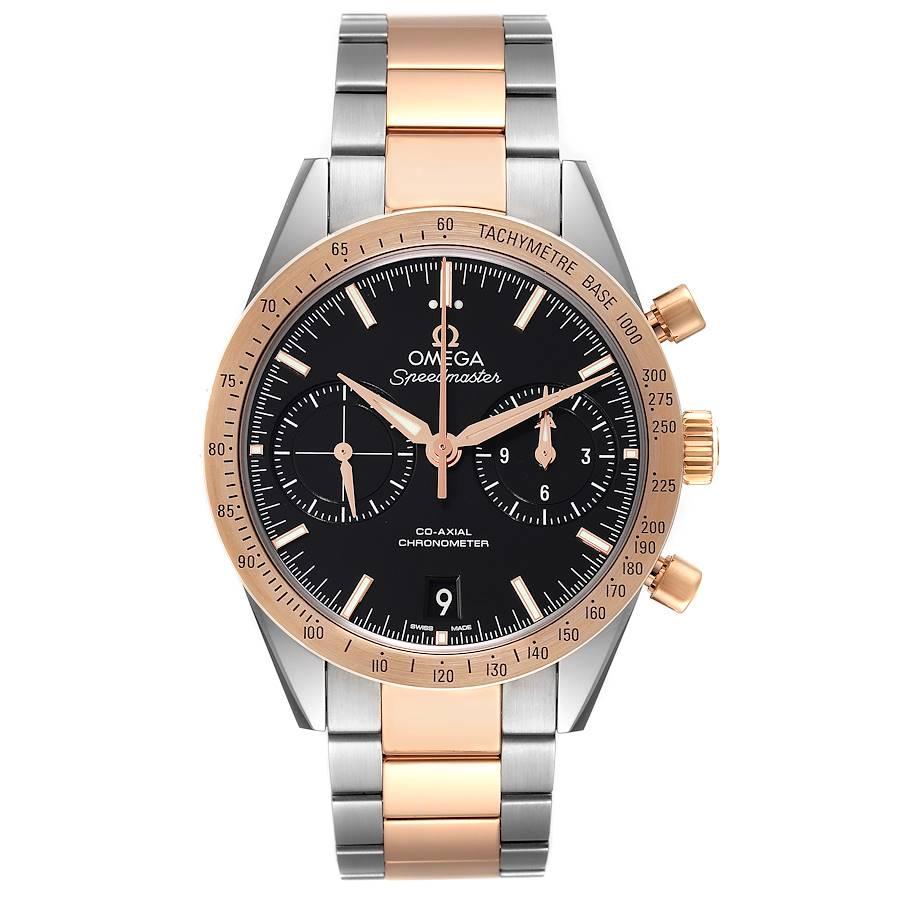 Omega Speedmaster 57 Steel Rose Gold Mens Watch 331.20.42.51.01.002 Box Card. Automatic self-winding chronograph movement with column wheel mechanism and Co-Axial escapement. Silicon balance-spring on free sprung-balance, 2 barrels mounted in