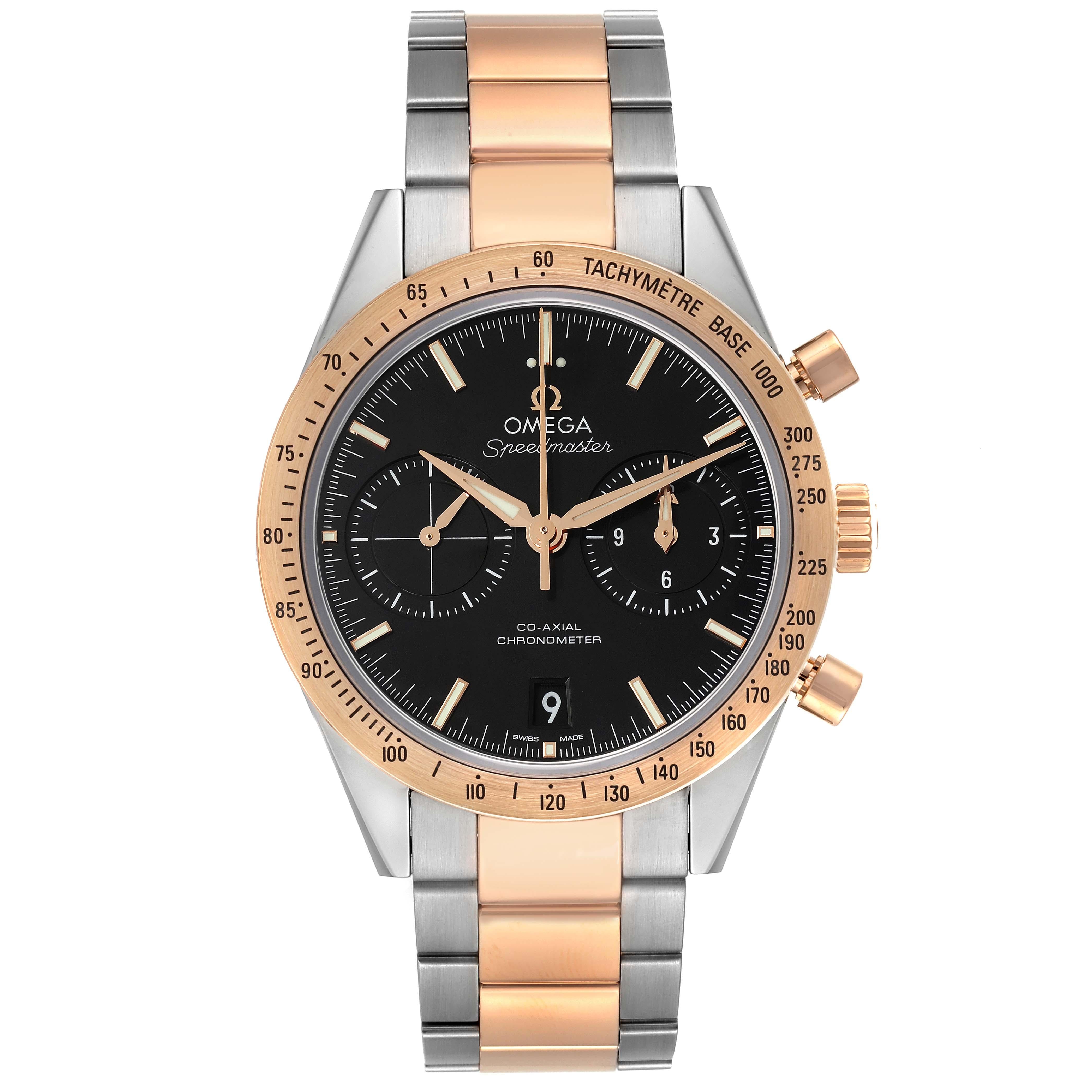 Omega Speedmaster 57 Steel Rose Gold Mens Watch 331.20.42.51.01.002 Box Card. Automatic self-winding chronograph movement with column wheel mechanism and Co-Axial escapement. Silicon balance-spring on free sprung-balance, 2 barrels mounted in