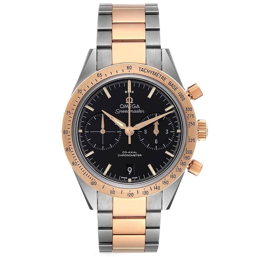 Omega Speedmaster 57 Steel Rose Gold Mens Watch 331.20.42.51.01.002 Unworn. Automatic self-winding chronograph movement with column wheel mechanism and Co-Axial escapement. Silicon balance-spring on free sprung-balance, 2 barrels mounted in series,