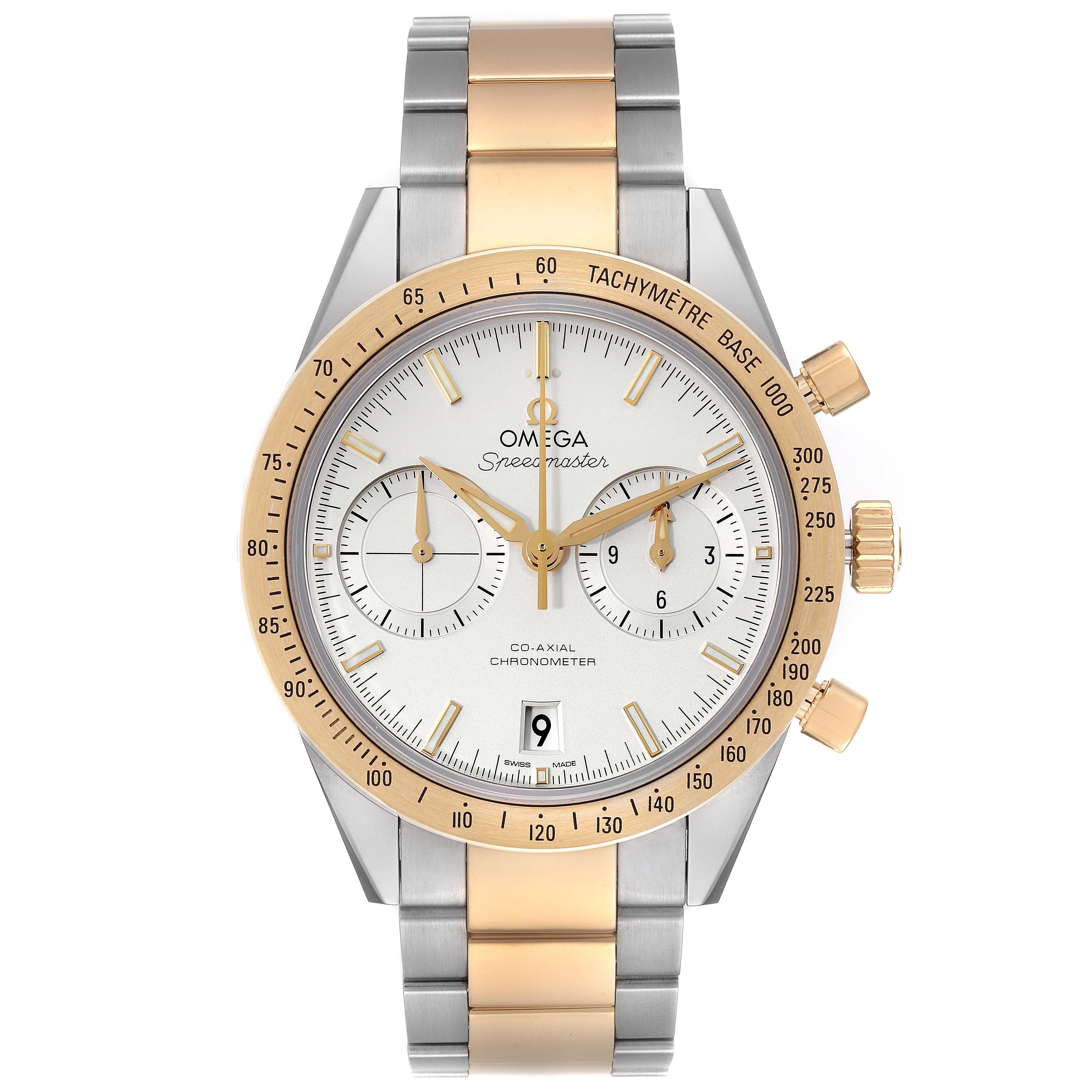 Omega Speedmaster 57 Steel Yellow Gold Watch 331.20.42.51.02.001 Card. Automatic self-winding chronograph movement with column wheel mechanism and Co-Axial escapement. Silicon balance-spring on free sprung-balance, 2 barrels mounted in series,