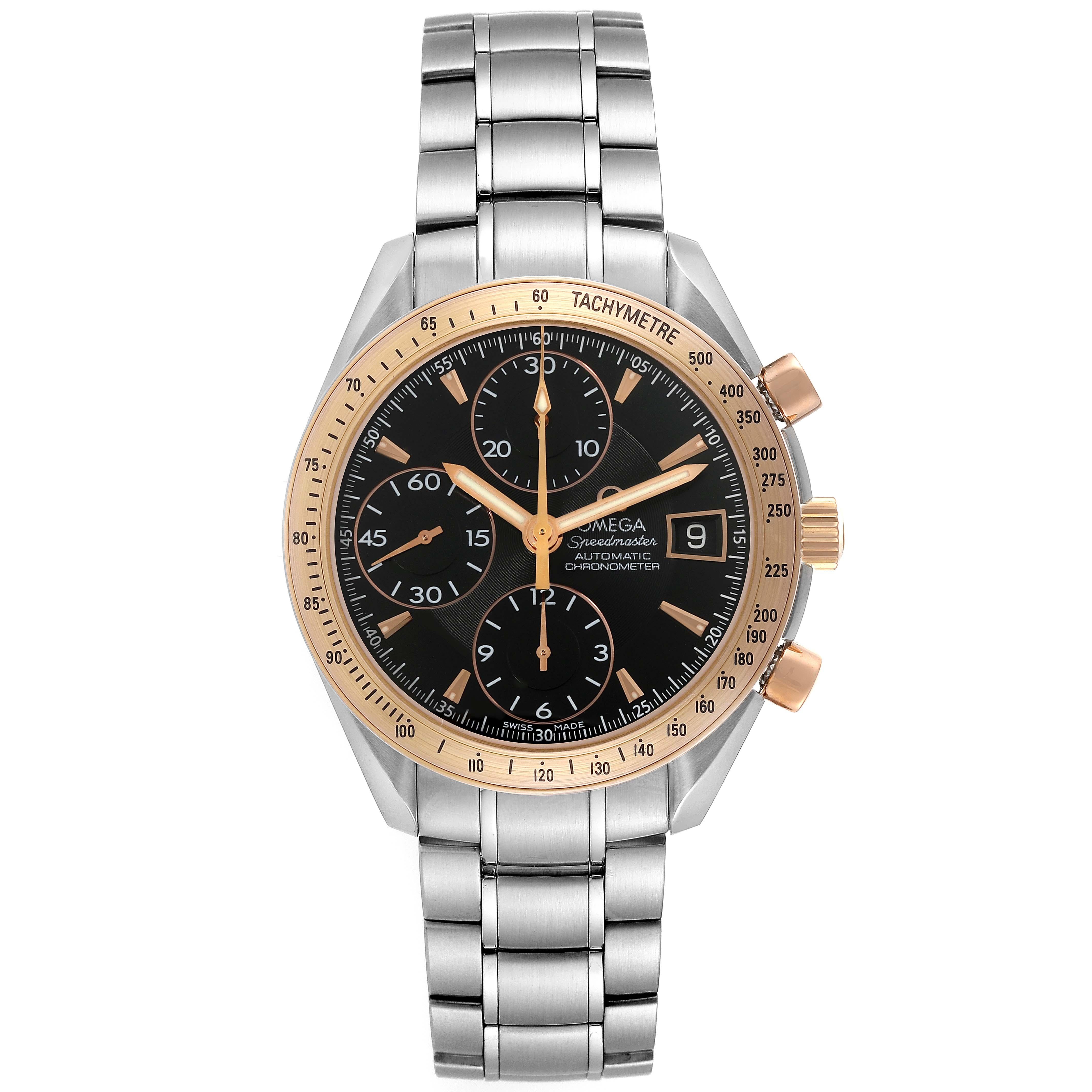 Omega Speedmaster 8157 Steel Rose Gold Mens Watch 323.21.40.40.01.001 Box Card. Automatic self-winding winding chronograph movement. Stainless steel round case 40 mm in diameter. Omega logo on an 18k rose gold crown. 18k rose gold bezel with