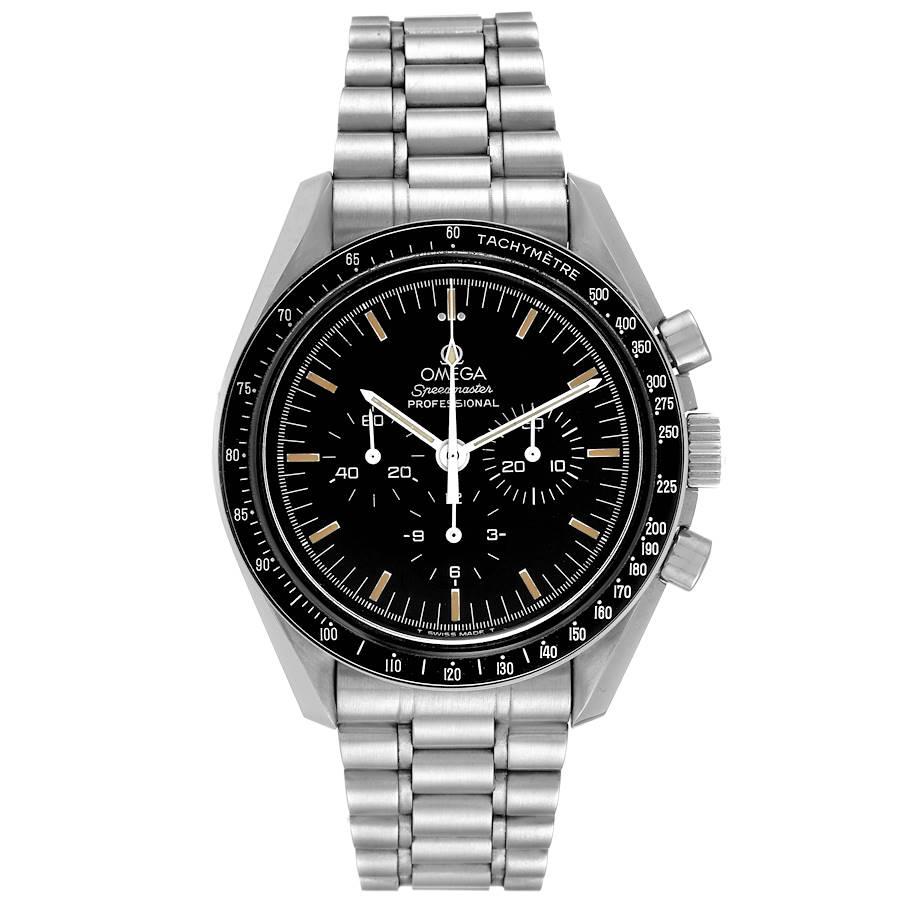 Omega Speedmaster 861 Black Dial Steel Mens Moon Watch 3590.50.00. Manual winding chronograph movement caliber 861. Stainless steel 42.0 mm in diameter. Three-body, screwed - down case. Omega logo on a crown. Black tachymeter bezel. Hesalite