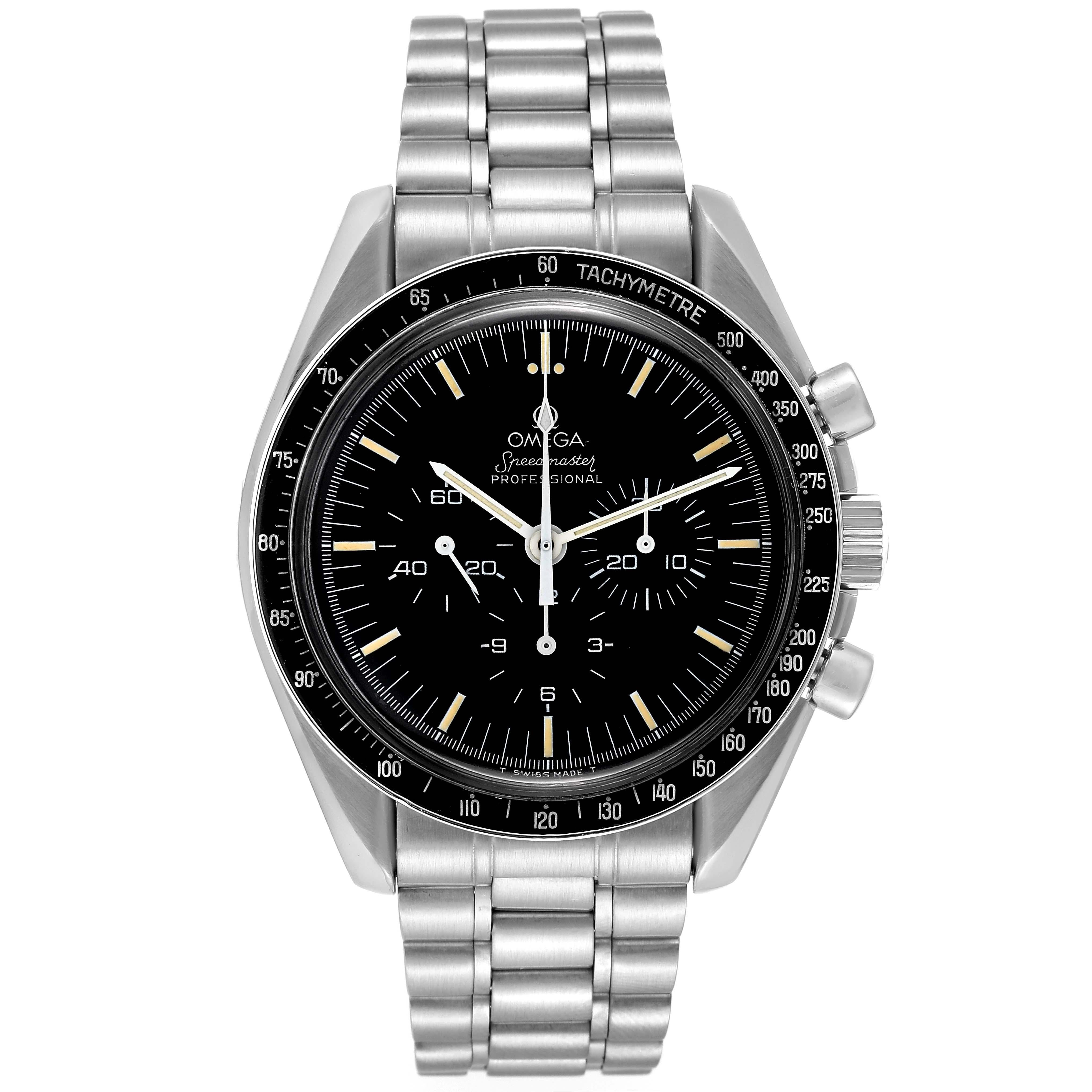 Omega Speedmaster 861 Black Dial Steel Mens Moon Watch 3590.50.00. Manual winding chronograph movement. Stainless steel case 42.0 mm in diameter. Three-body, screwed - down case. Omega logo on the crown. Black tachymeter bezel. Hesolite acrylic