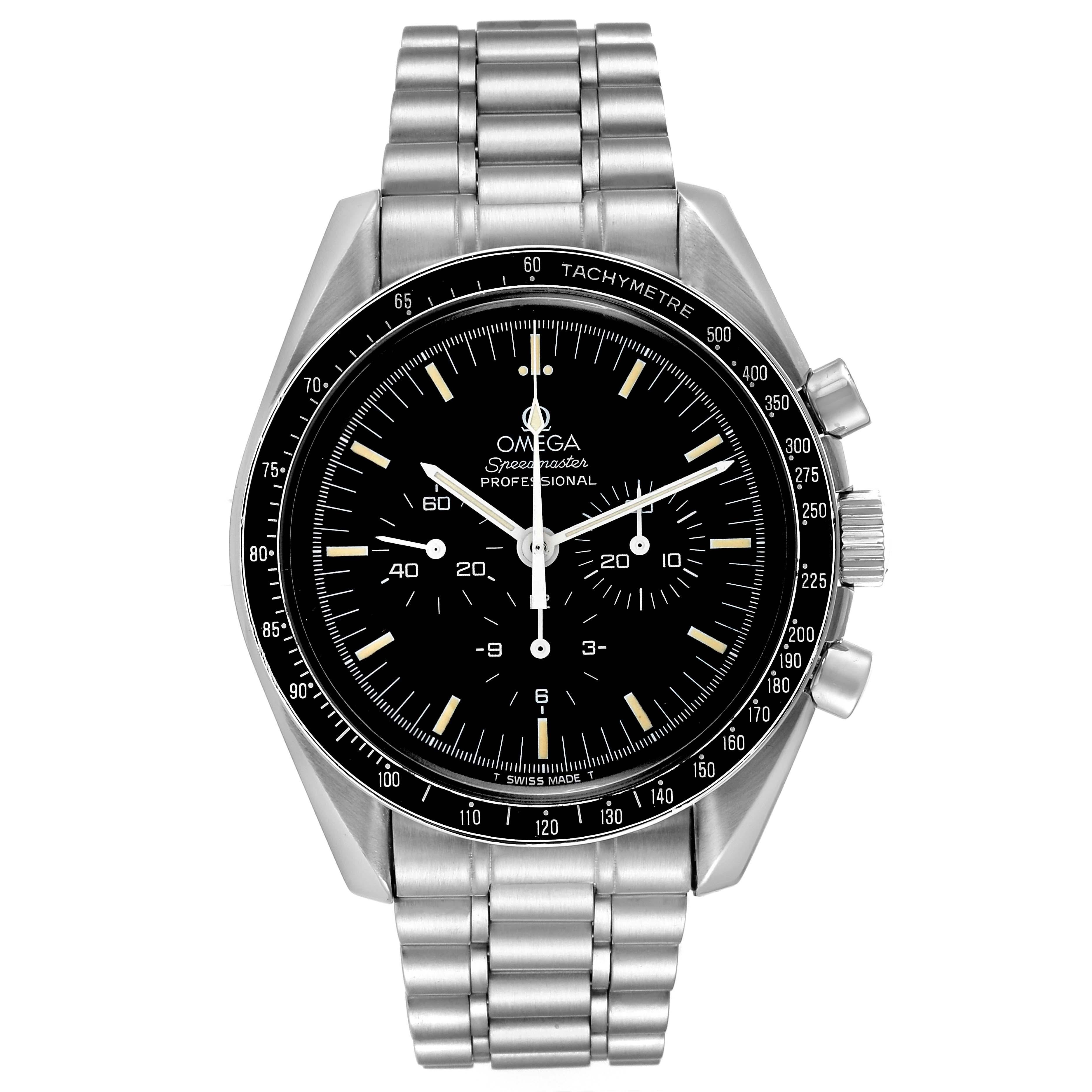 Omega Speedmaster 861 Black Dial Steel Mens Moon Watch 3590.50.00. Manual winding chronograph movement caliber 861. Stainless steel case 42.0 mm in diameter. Three-body, screwed - down case. Omega logo on the crown. Black tachymeter bezel. Hesolite