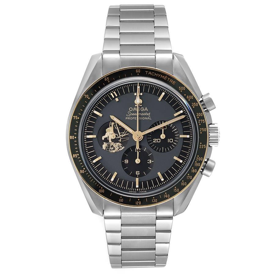Omega Speedmaster Apollo 11 LE Black Dial Moonwatch 310.20.42.50.01.001 Box Card. Manual-winding chronograph movement. Stainless steel round case 42.0 mm in diameter. Case back features a large version of the Apollo 11 mission patch and is engraved
