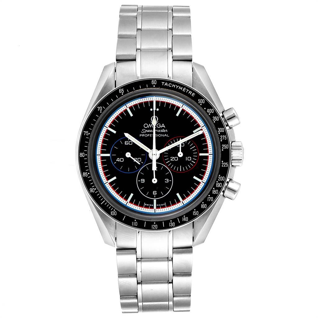 Omega Speedmaster Apollo 15 40th Anniversary Moonwatch 311.30.42.30.01.003. Manual winding chronograph movement. Stainless steel round case 42 mm in diameter. Lunar Rover and the words 'APOLLO 15' and '40th ANNIVERSARY'. The outer circle of the