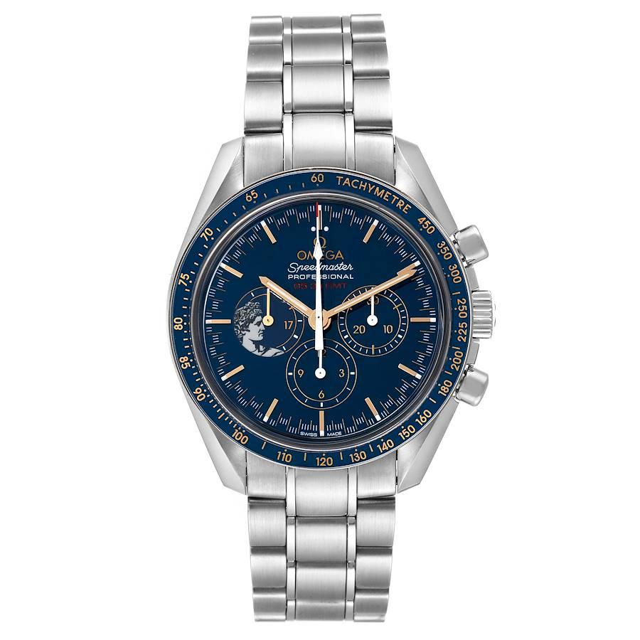 Omega Speedmaster Apollo 17 LE Blue Dial Moonwatch 311.30.42.30.03.001 Box Card. Manual-winding chronograph movement. Stainless steel round case 42.0 mm in diameter. Case back features a large version of the Apollo 17 mission patch and is engraved