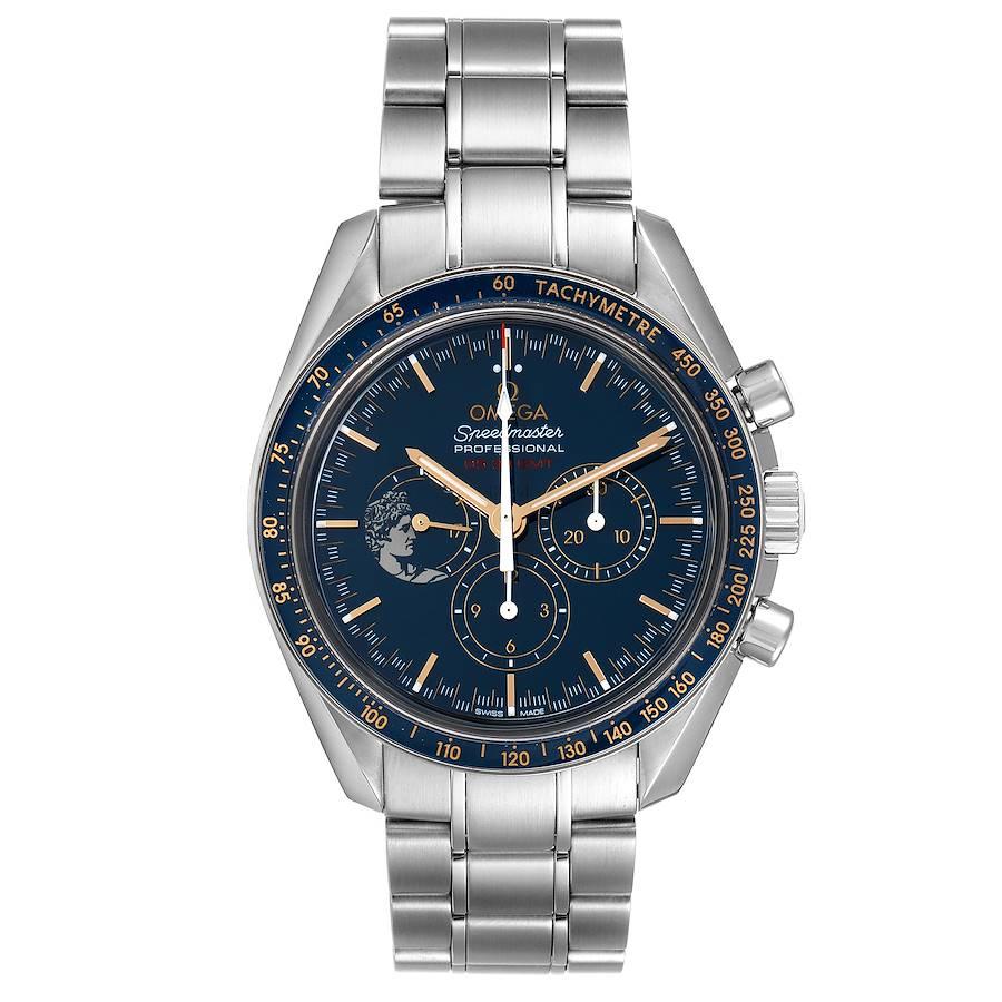 Omega Speedmaster Apollo 17 LE Blue Dial Moonwatch 311.30.42.30.03.001. Manual-winding chronograph movement. Stainless steel round case 42.0 mm in diameter. Case back features a large version of the Apollo 17 mission patch and is engraved with the