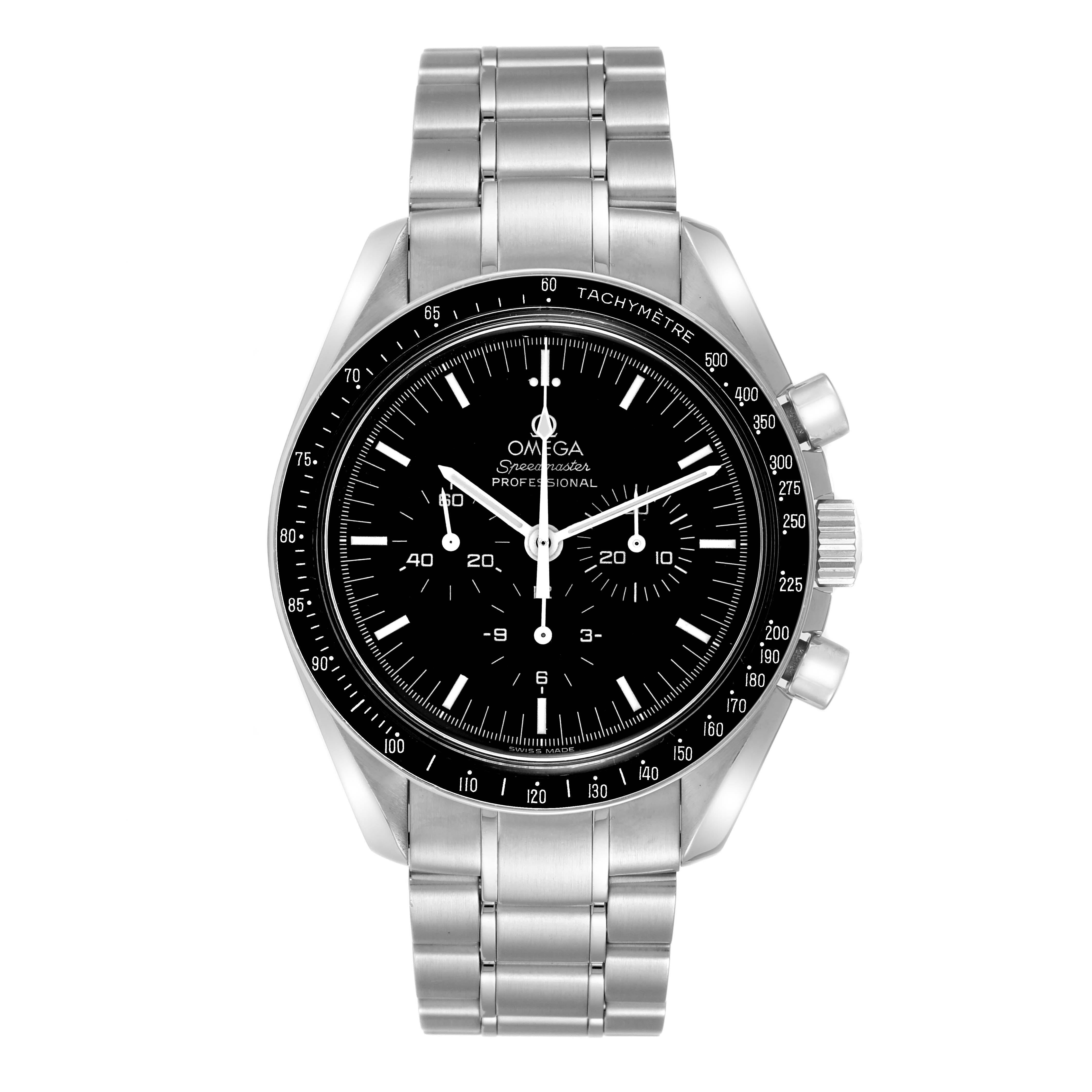 Omega Speedmaster Apollo XVII Limited Edition Mens Watch 3574.51.00 Box Card. Manual winding chronograph movement. Stainless steel round case 42.0 mm in diameter. Special Last Man on the Moon Caseback commemorating E. A. Cernan's Apollo XVII