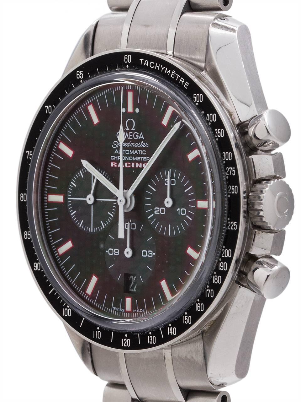 
Omega stainless steel Speedmaster Racing ref. 355.25900, case serial number 78.1 million circa 2006. Featuring 39.5 x 45mm case with pressure fitted case back, round pushers, stainless steel tachometer bezel and sapphire crystal. Featuring a black