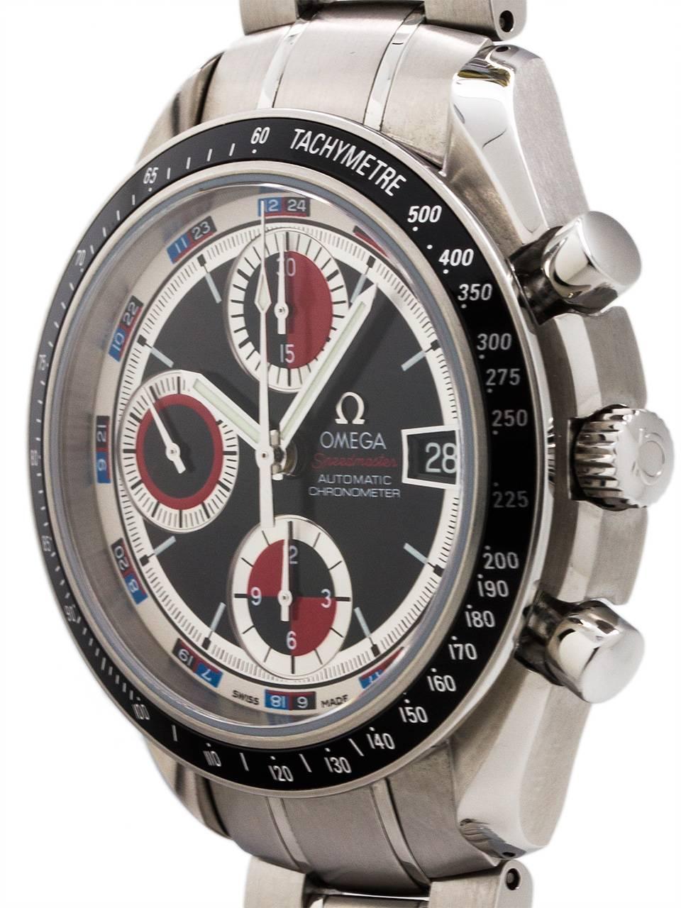
Omega Stainless Steel Speedmaster Chronograph ref 32105200 case serial number 81.6 million circa 2005. 40mm diameter stainless steel case with black tachometer bezel. Sapphire crystal and signed Omega crown. Black dial with luminous indexes with 12