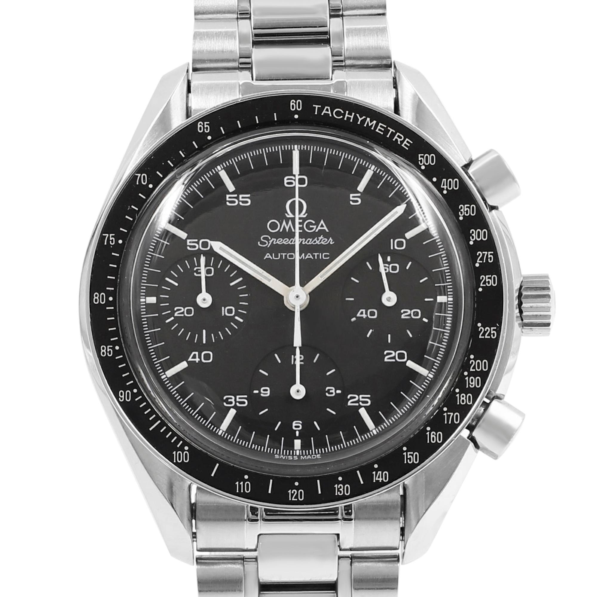 This pre-owned Omega Speedmaster  3510.50.00 is a beautiful men's timepiece that is powered by mechanical (automatic) movement which is cased in a stainless steel case. It has a round shape face, chronograph, small seconds subdial, tachymeter dial