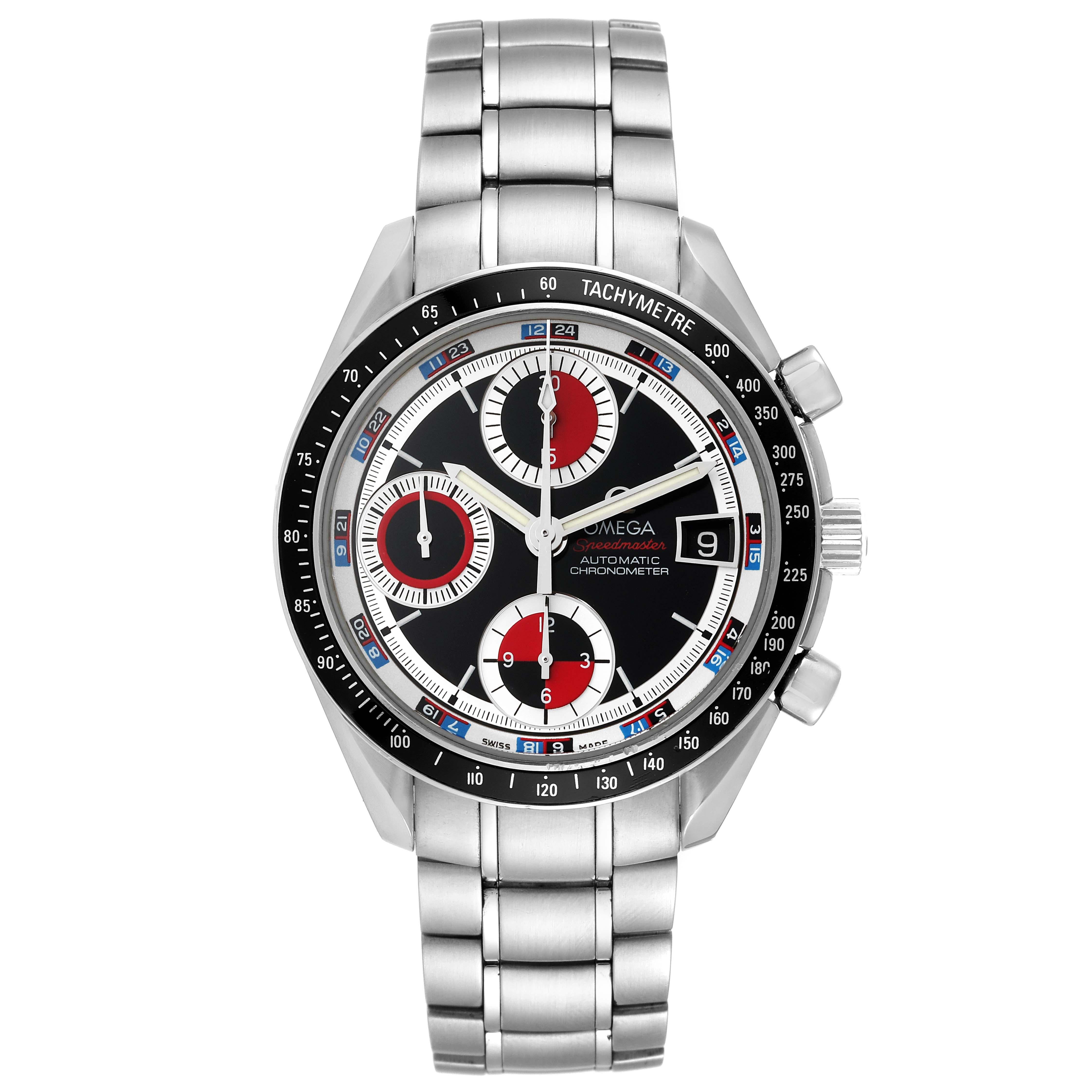 Omega Speedmaster Black Red Casino Dial Steel Mens Watch 3210.52.00 Box Card. Automatic self-winding chronograph movement. Stainless steel round case 40 mm in diameter. Black bezel with tachymetric scale. Scratch-resistant sapphire crystal with