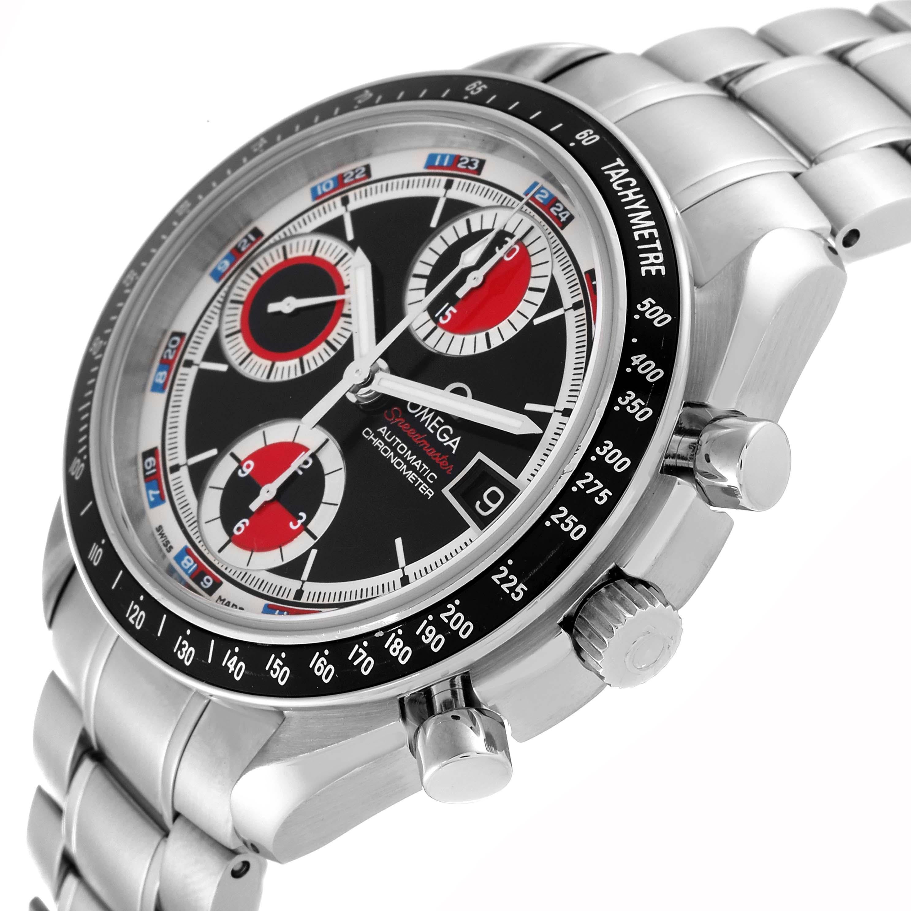 Men's Omega Speedmaster Black Red Casino Dial Steel Mens Watch 3210.52.00 Box Card For Sale