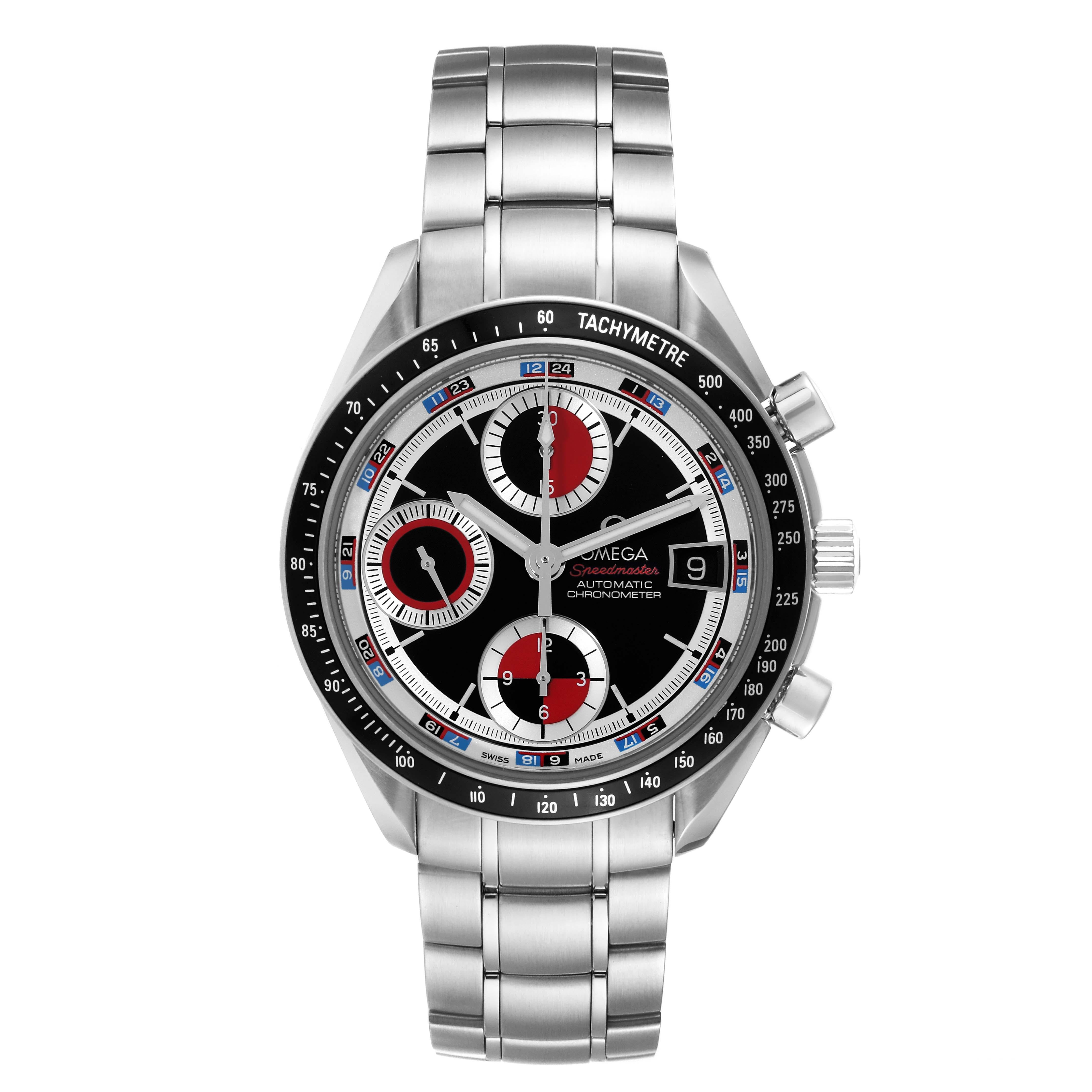 Omega Speedmaster Black Red Casino Dial Steel Mens Watch 3210.52.00 Card. Automatic self-winding chronograph movement. Stainless steel round case 40 mm in diameter. Black bezel with tachymetric scale. Scratch-resistant sapphire crystal with