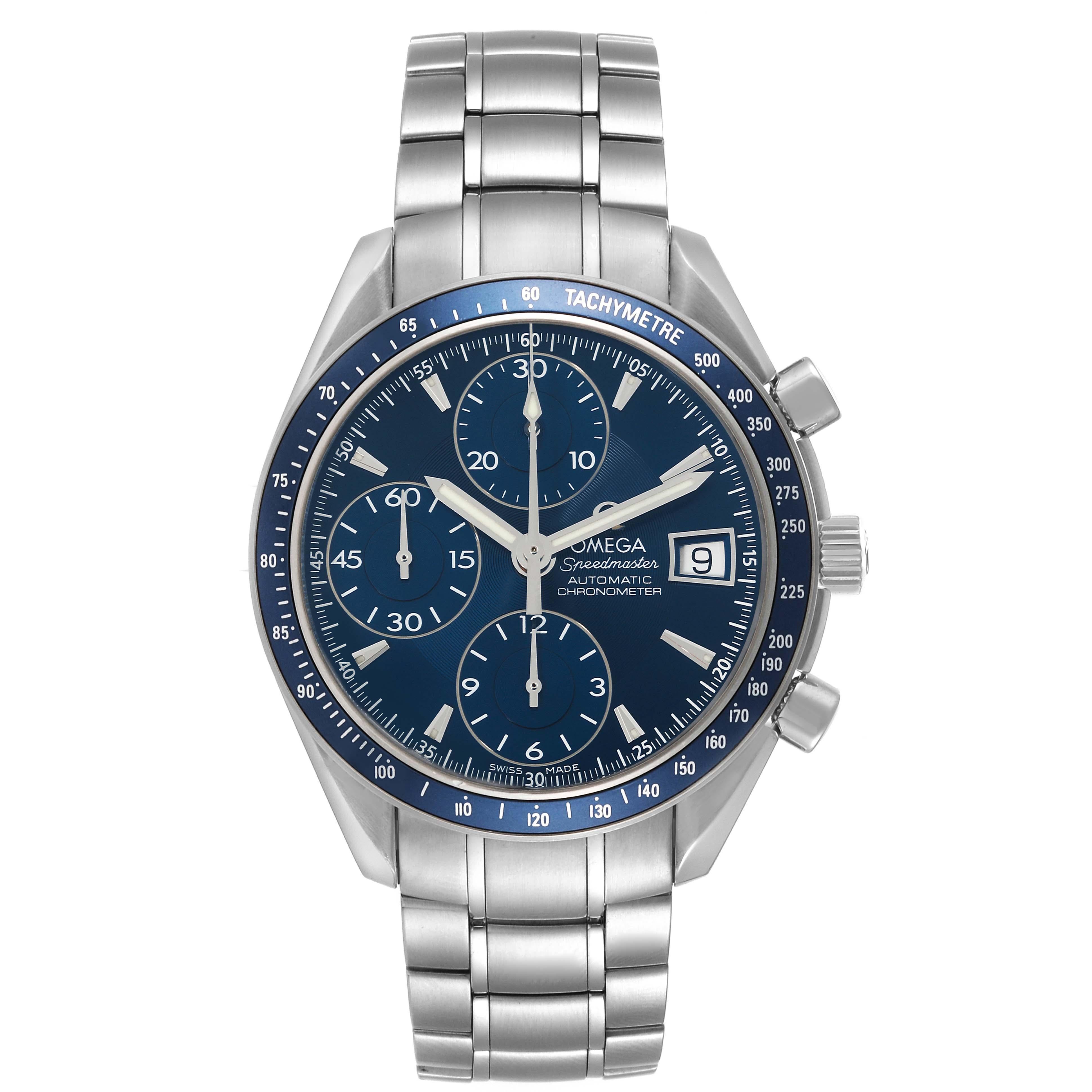 Omega Speedmaster Blue Dial Chronograph Steel Mens Watch 3212.80.00 Box Card. Automatic self-winding chronograph movement. Officially certified chronometer. Stainless steel round case 40.0 mm in diameter. Blue bezel with tachymetric scale.