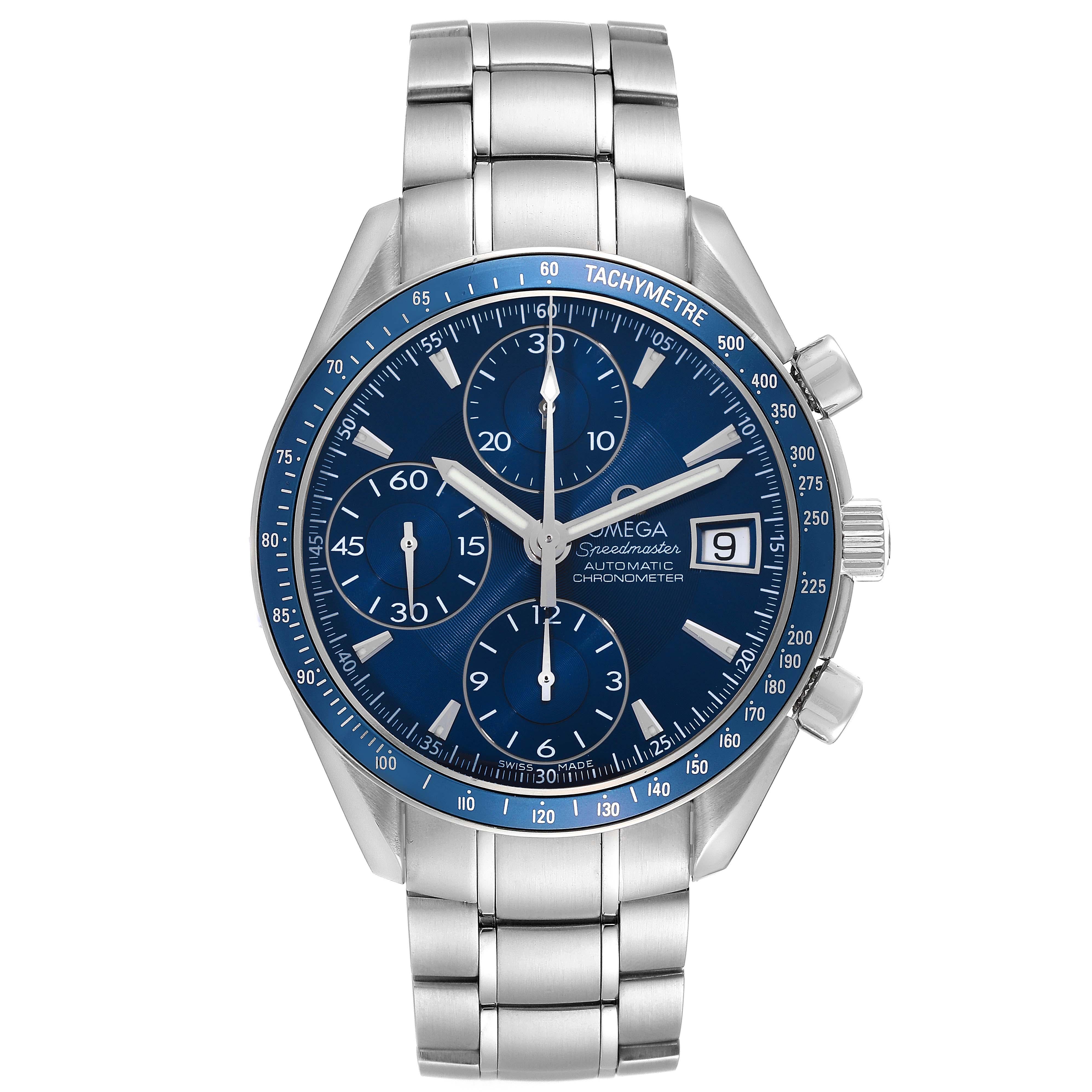 Omega Speedmaster Blue Dial Chronograph Steel Mens Watch 3212.80.00 Card. Automatic self-winding chronograph movement. Officially certified chronometer. Stainless steel round case 40.0 mm in diameter. Blue bezel with tachymeter scale.