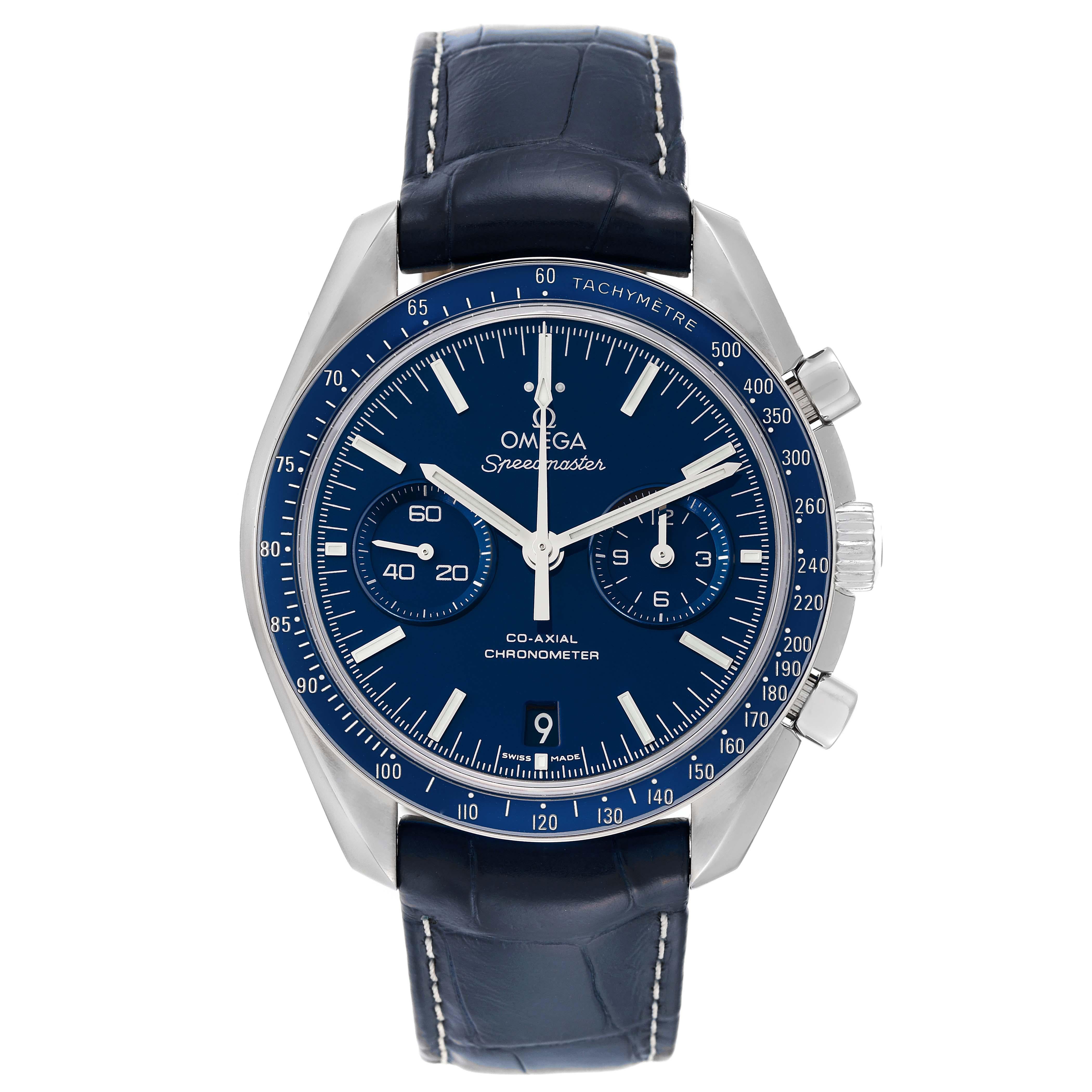 Omega Speedmaster Blue Dial Titanium Mens MoonWatch 311.93.44.51.03.001 Box Card. Automatic self-winding chronograph movement with column wheel mechanism and Co-Axial escapement. Silicon balance-spring on free sprung-balance, 2 barrels mounted in