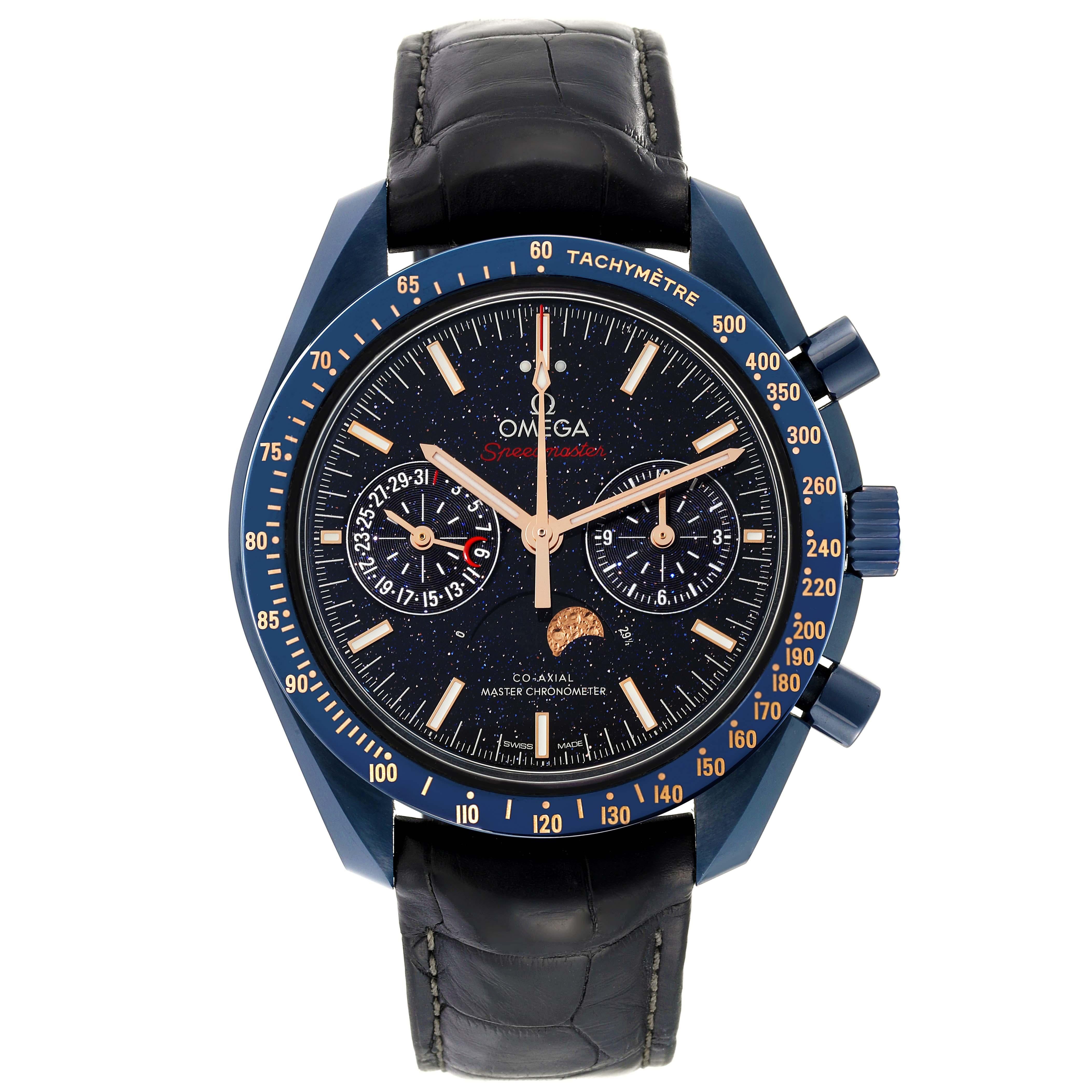Omega Speedmaster Blue Side of the Moon Ceramic Mens Watch 304.93.44.52.03.002. Automatic self-winding chronograph movement with column wheel mechanism and Co-Axial Escapement. Silicon balance-spring on free sprung-balance, 2 barrels mounted in