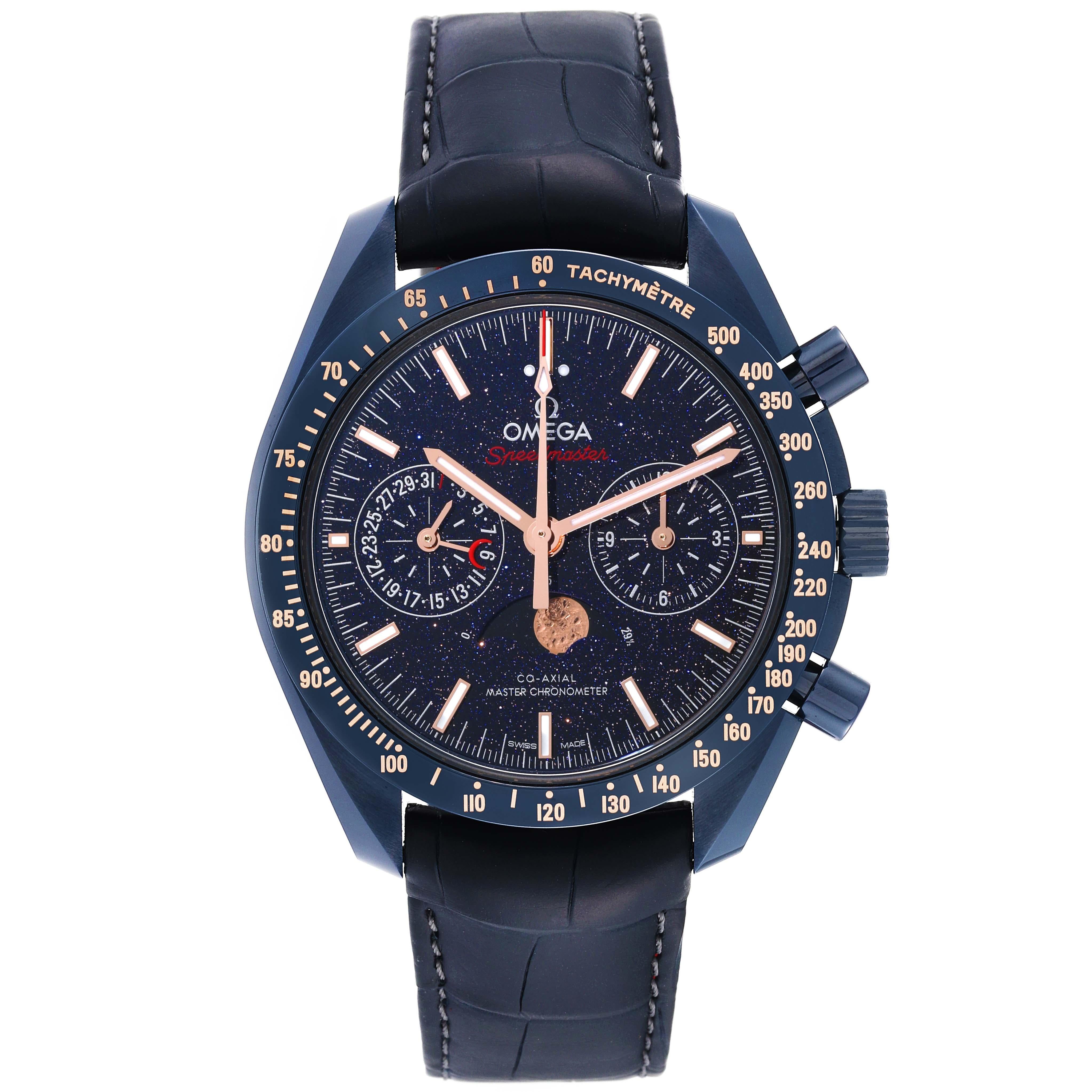 Omega Speedmaster Blue Side of the Moon Mens Watch 304.93.44.52.03.002 Box Card. Automatic self-winding chronograph movement with column wheel mechanism and Co-Axial Escapement. Silicon balance-spring on free sprung-balance, 2 barrels mounted in
