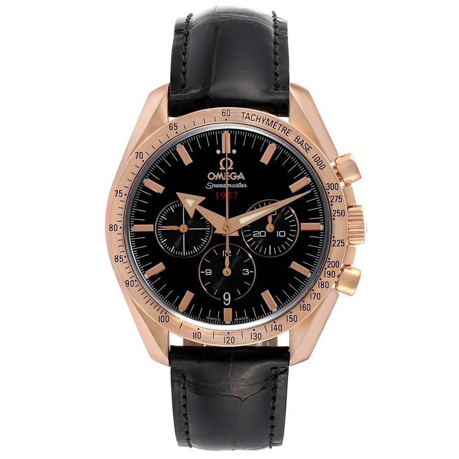 Omega Speedmaster Broad Arrow 1957 Rose Gold Mens Watch 321.53.42.50.01.001. Officially certified chronometer automatic self-winding movement. Caliber 3313. 18k rose gold case 42 mm in diameter. Omega logo on the crown. Exhibition sapphire case