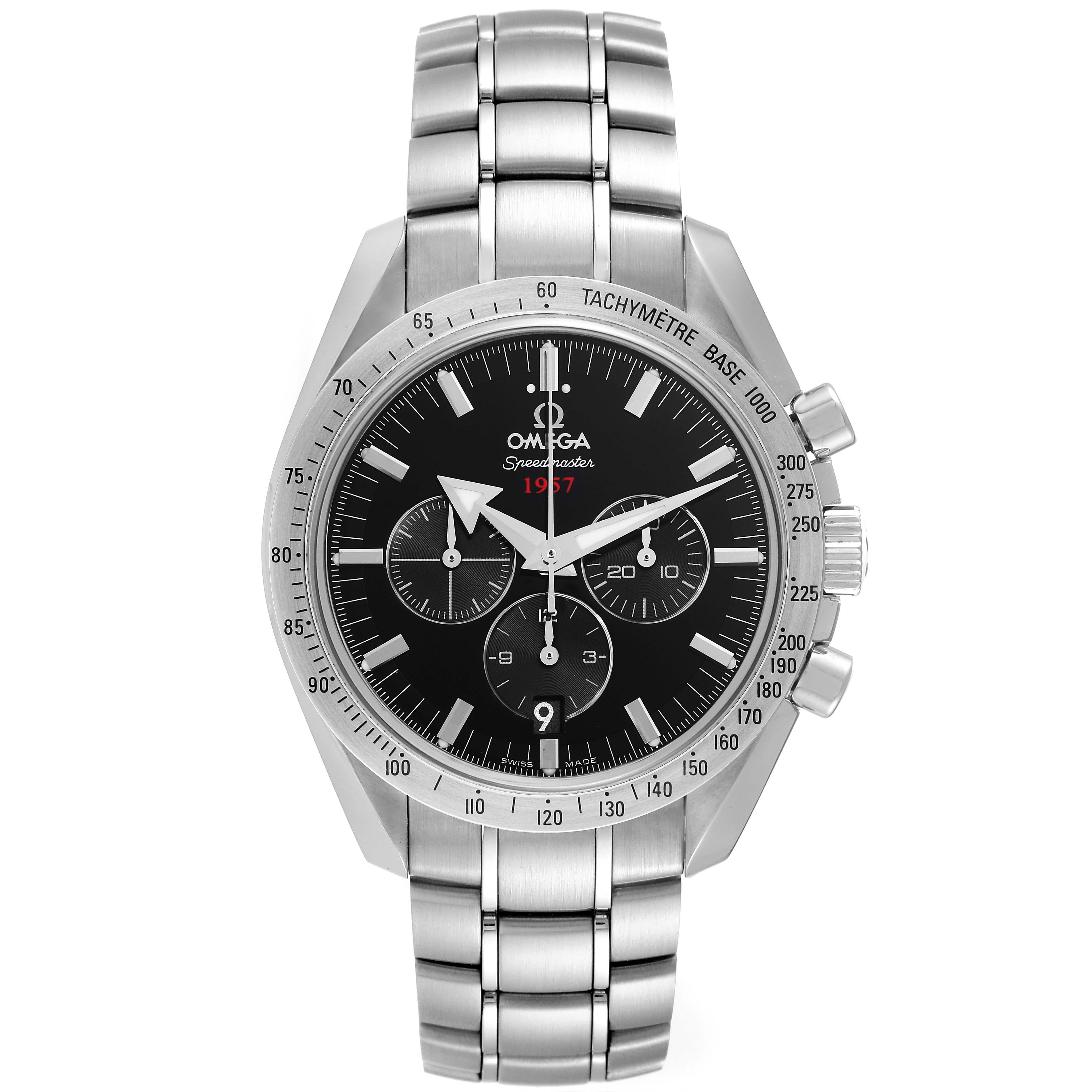 Omega Speedmaster Broad Arrow 1957 Steel Mens Watch 321.10.42.50.01.001 Box Card. Automatic self-winding chronograph movement with column wheel mechanism and Co-Axial Escapement. Stainless steel round case 42.0 mm in diameter. Transparent exhibition