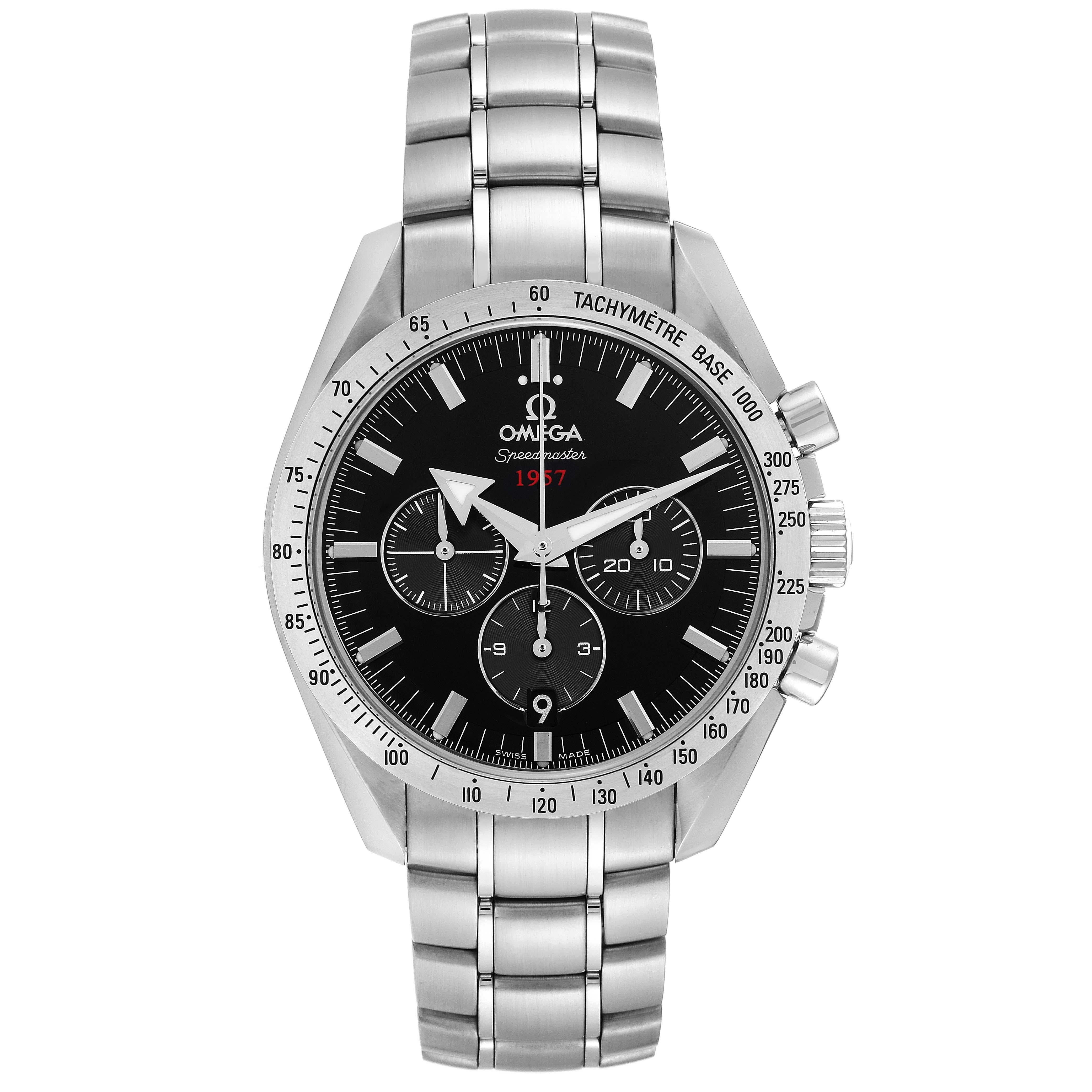 Omega Speedmaster Broad Arrow 1957 Steel Mens Watch 321.10.42.50.01.001 Box Card. Automatic self-winding chronograph movement with column wheel mechanism and Co-Axial Escapement. Stainless steel round case 42.0 mm in diameter. Transparent exhibition